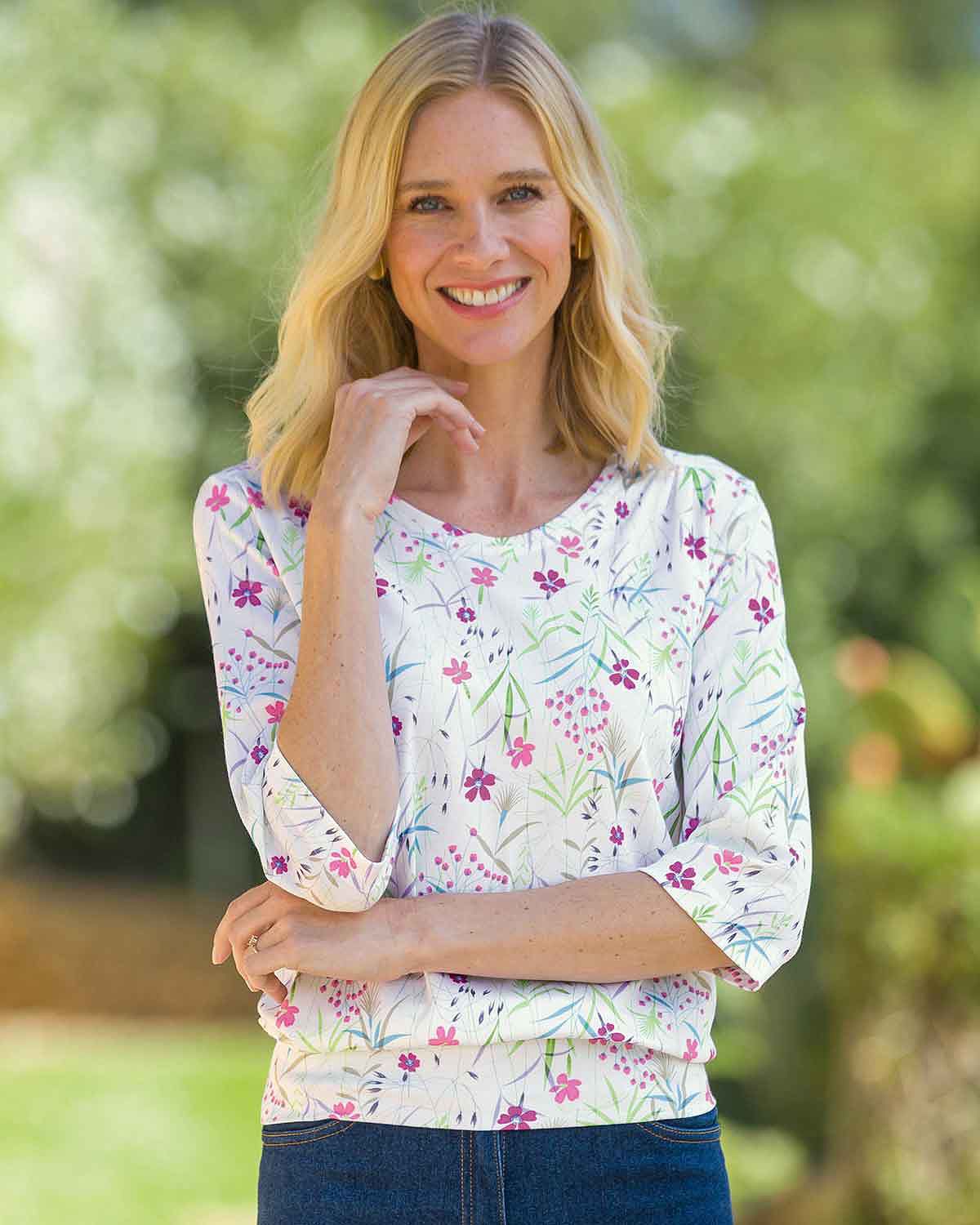 Luna Floral Pure Cotton 3/4 Sleeve Blouson Top - Image 2 - Country Collection