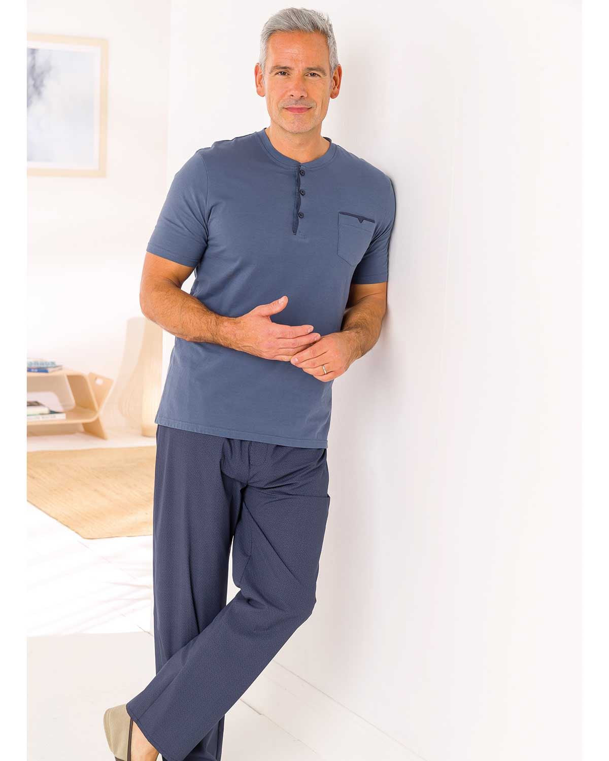 Pure Cotton Geo Print Pyjama Set - Grey Blue - Country Collection