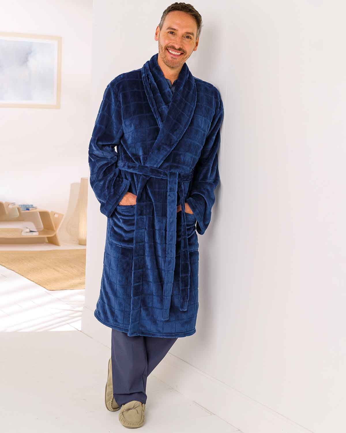 Mens Waffle Fleece Dressing Gown - Navy - Country Collection