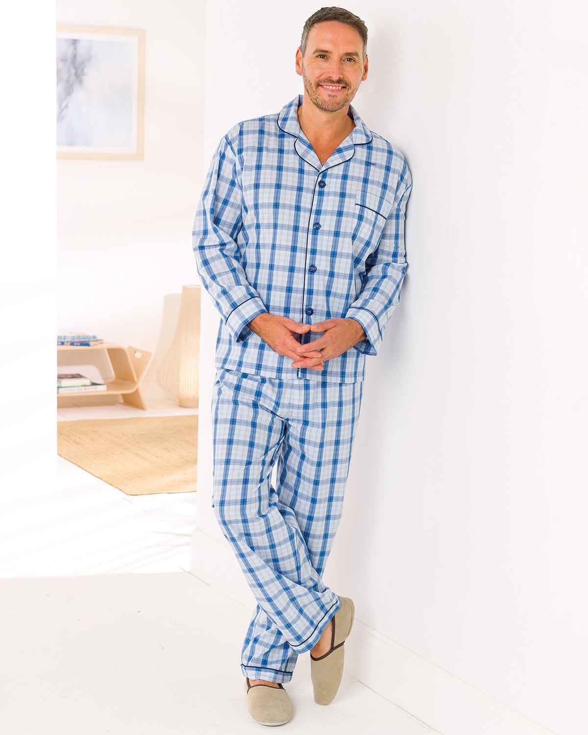 Mens Long Sleeve Checked Pyjamas - Blue Check - Country Collection