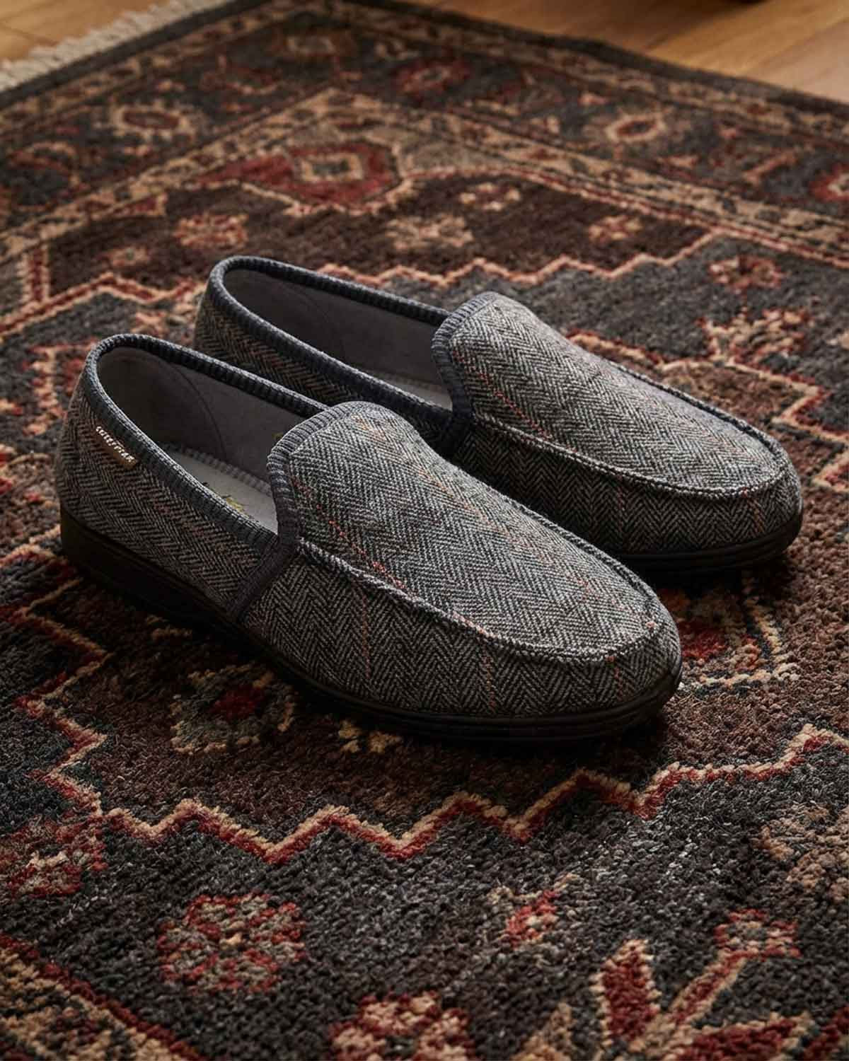 Mens Herringbone Check Slipper - Grey - Country Collection