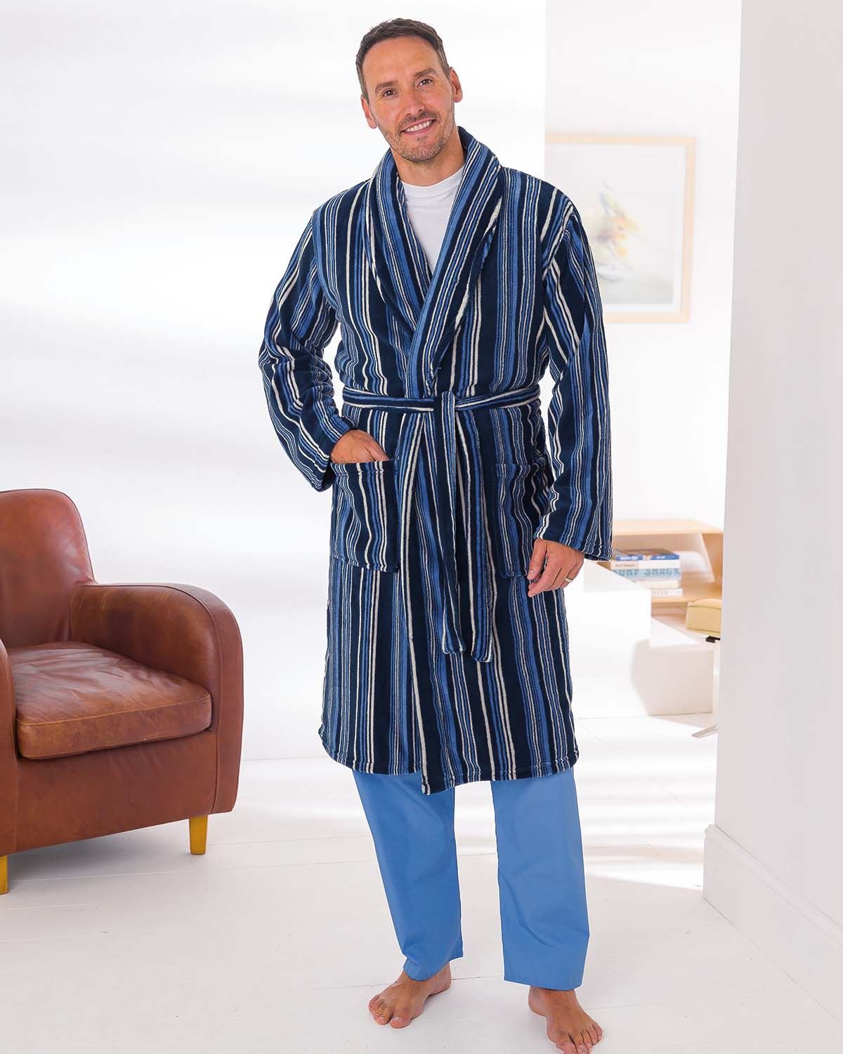 Striped Fleece Dressing Gown Mens - Blue - Country Collection