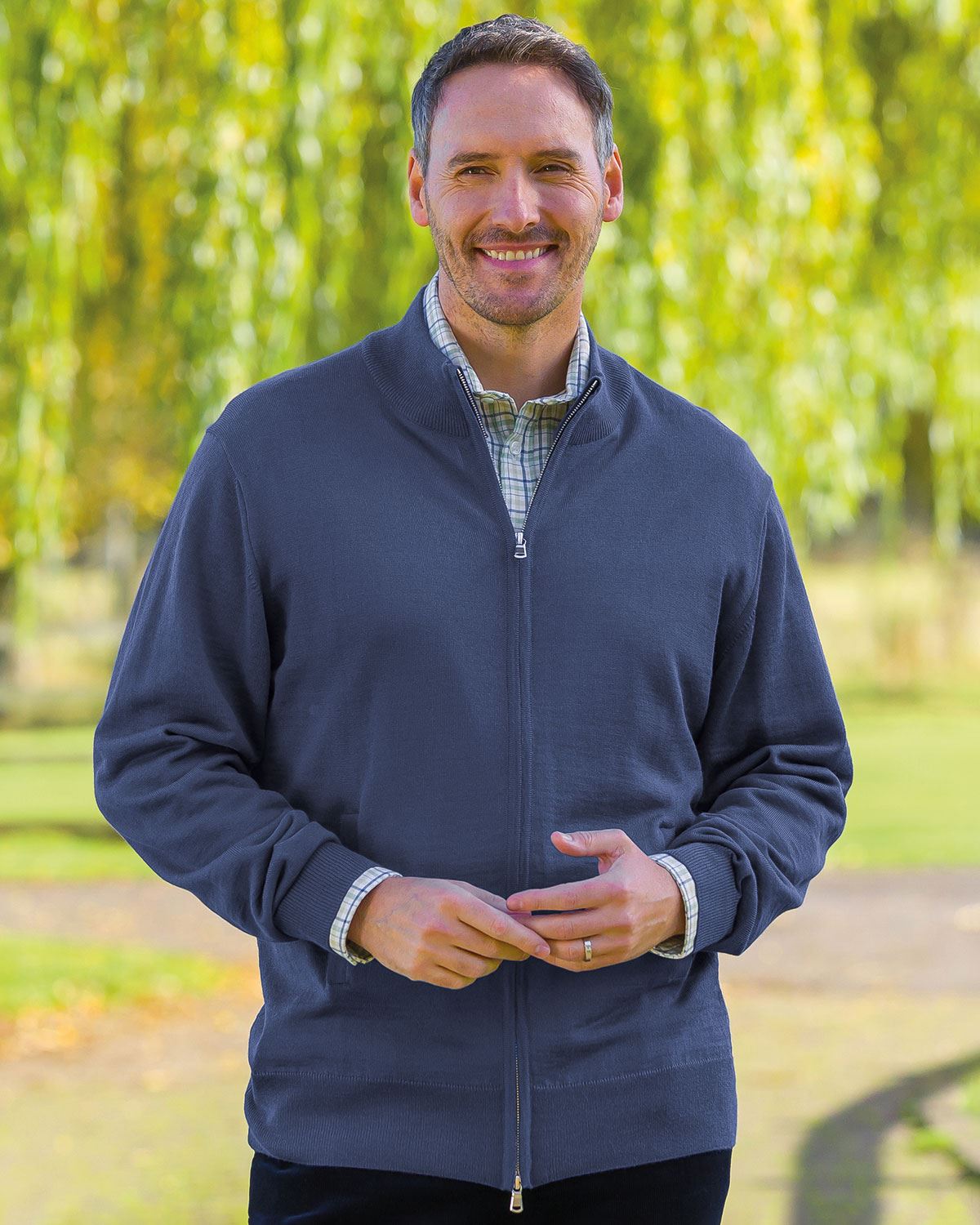 Declan Indigo Merino Blend Zip Cardigan Mens - Country Collection