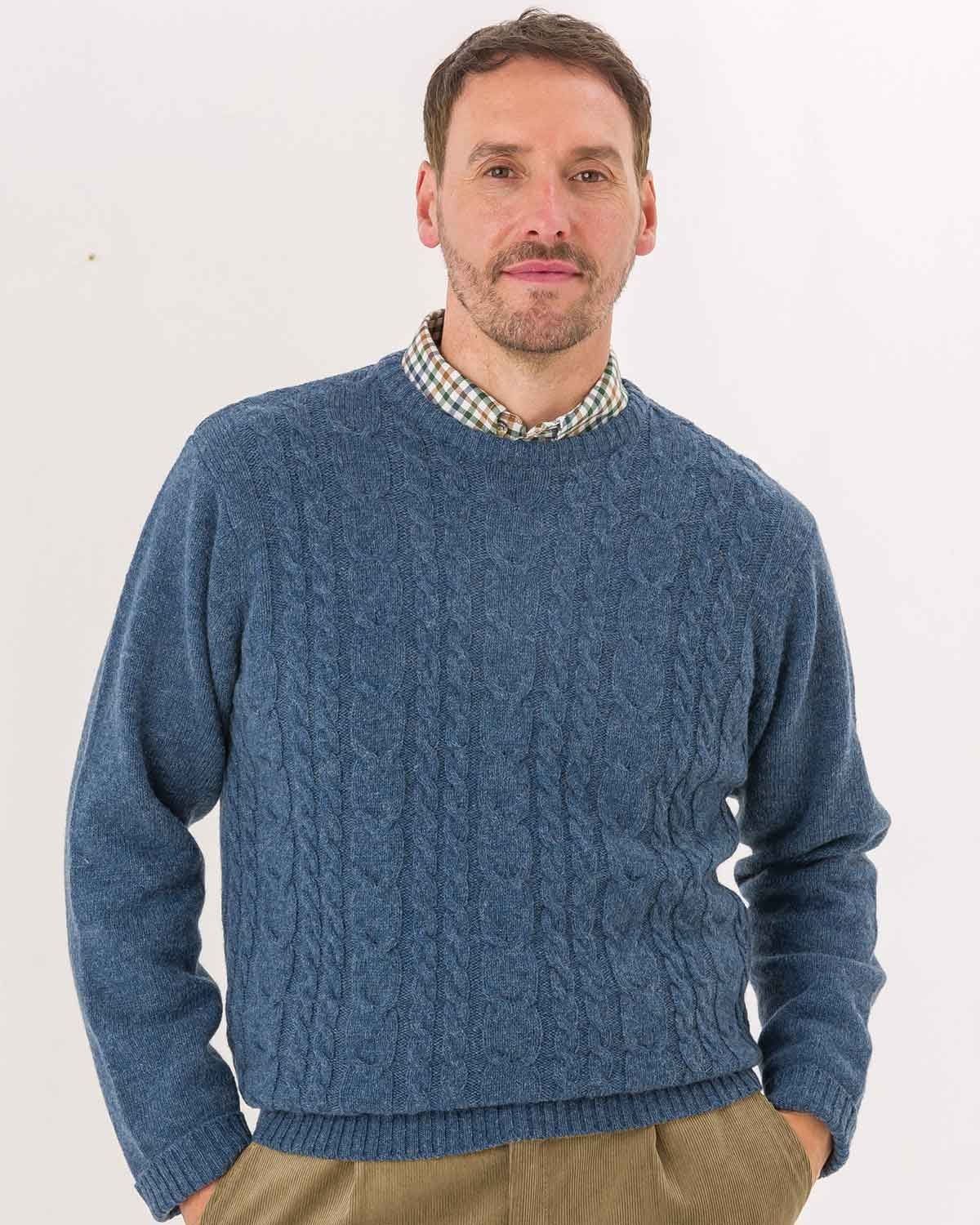 Mens Denim Blue Shetland Cable Crew Neck Jumper - Country Collection