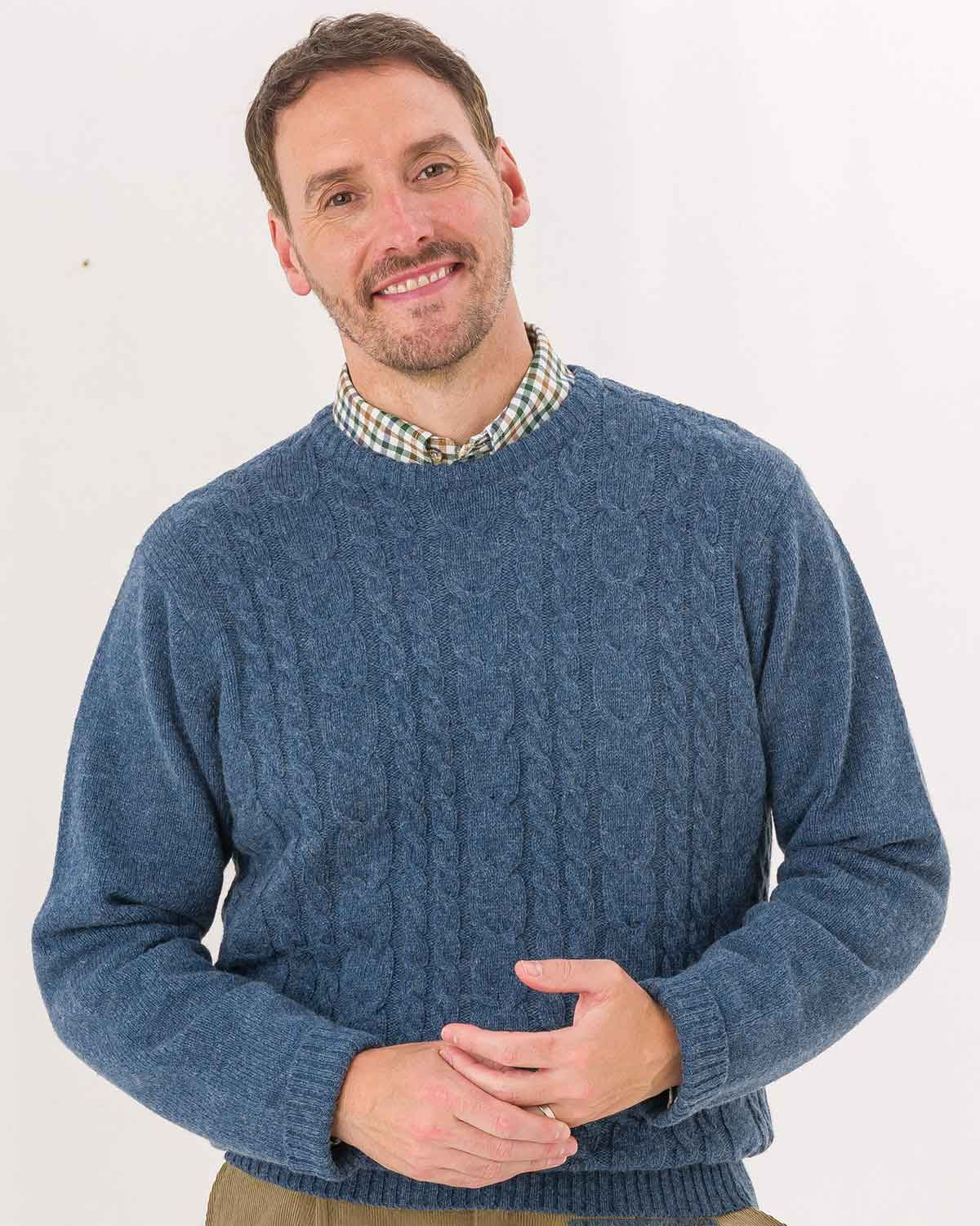 Mens Denim Blue Shetland Cable Crew Neck Jumper - Image 2 - Country Collection