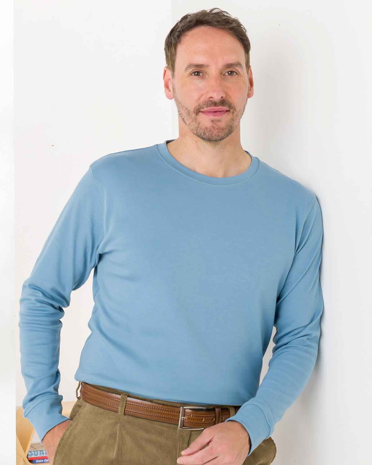 Mens Pure Cotton Long Sleeve Crew Neck T-Shirt - Blue - Country Collection