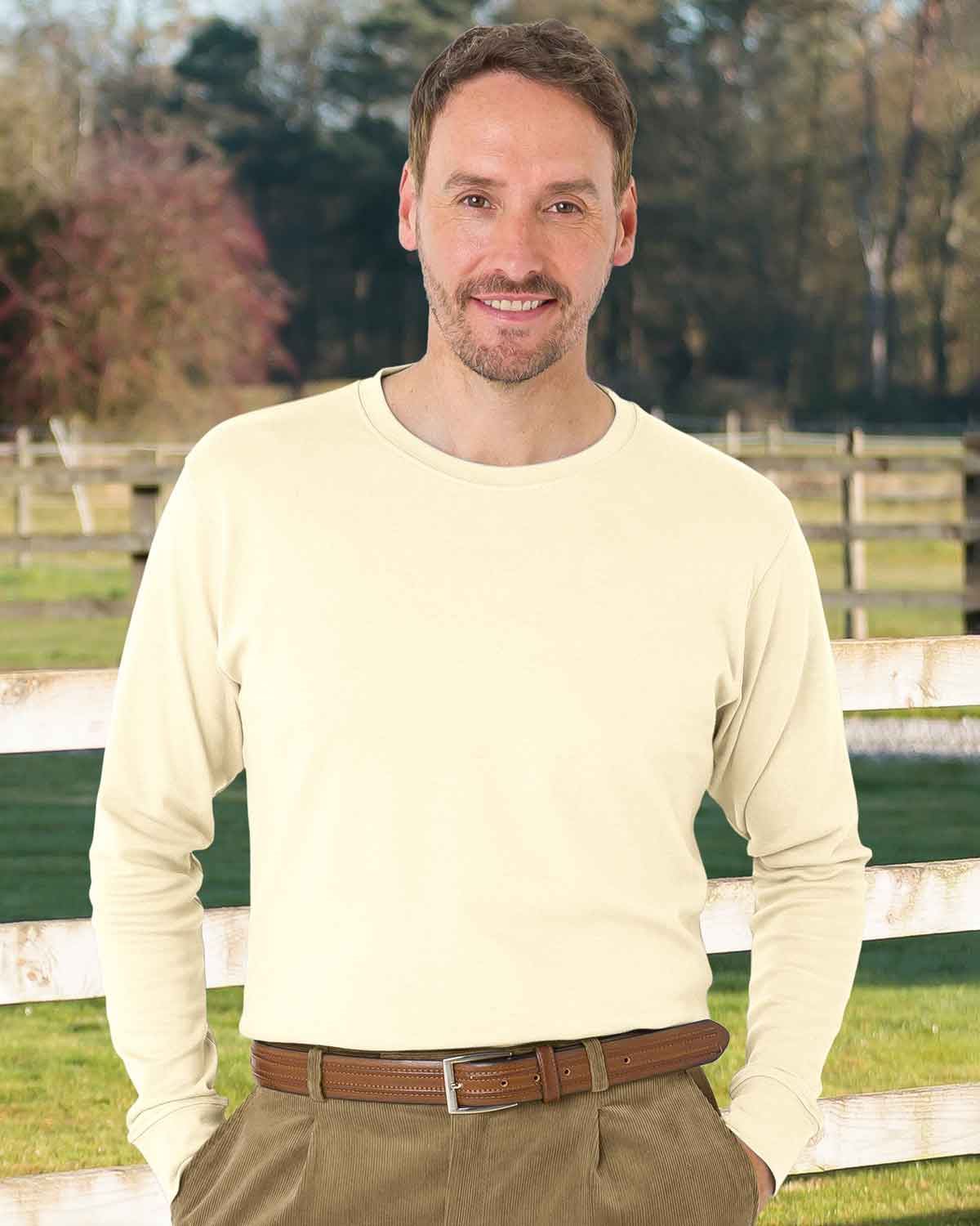 Mens Pure Cotton Long Sleeve Crew Neck T-Shirt - Cream - Country Collection