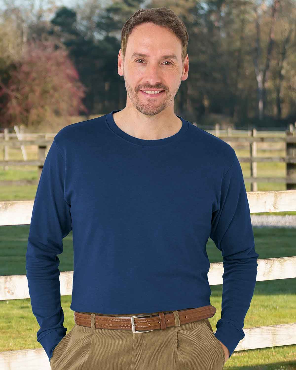 Mens Pure Cotton Long Sleeve Crew Neck T-Shirt - Navy - Country Collection