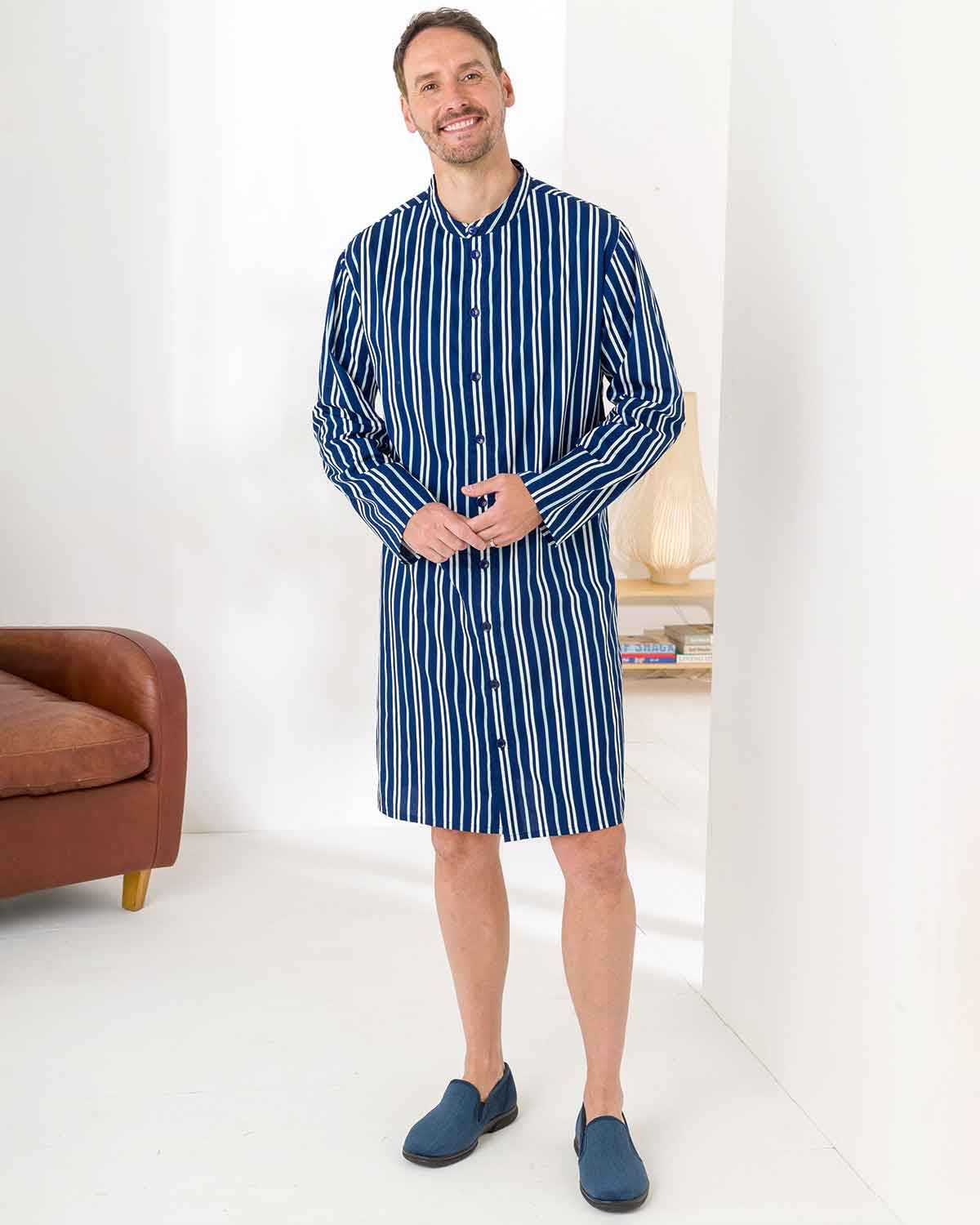 Mens Alexander Pure Cotton Long Sleeved Nightshirt - Blue Poplin - Country Collection