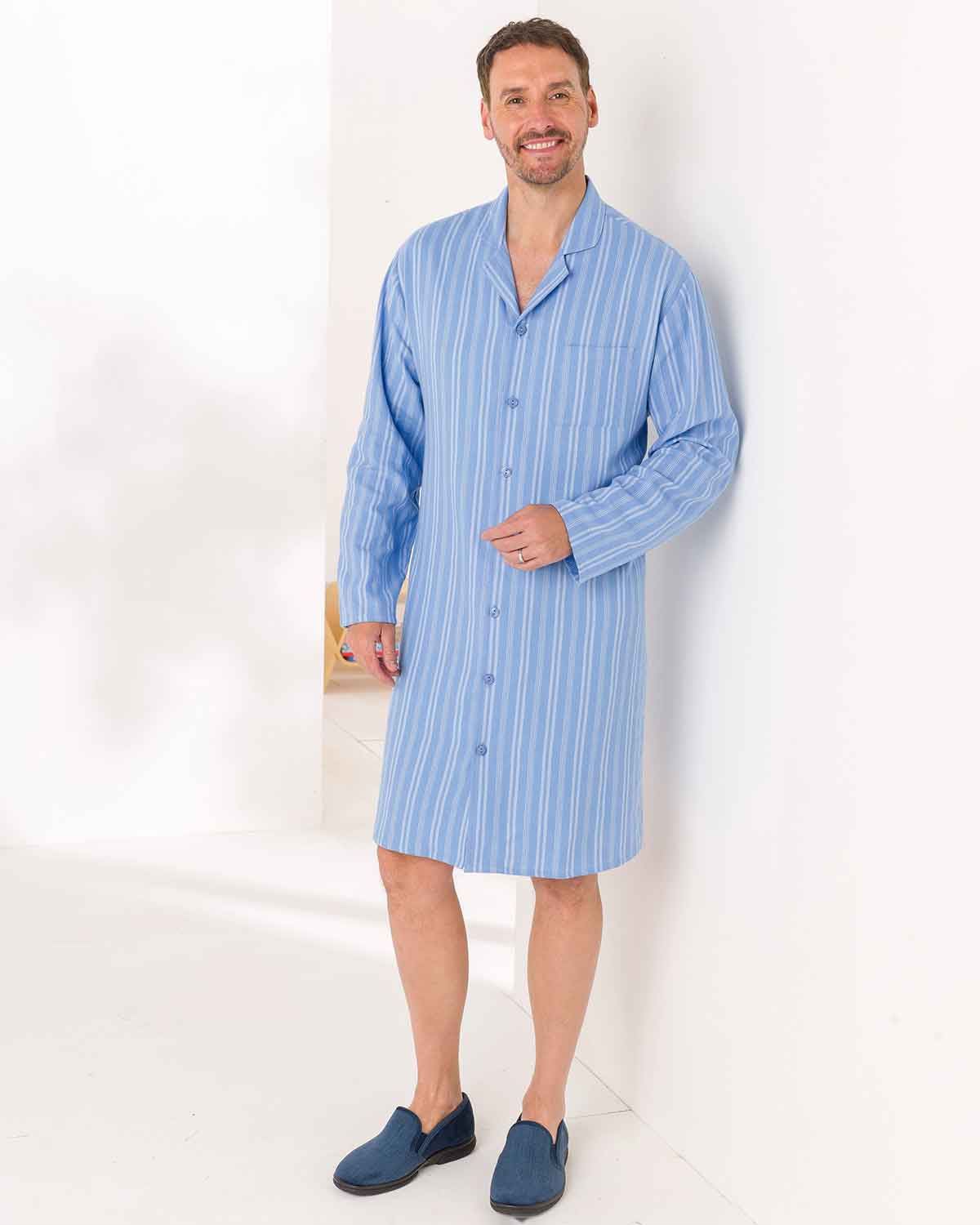 Mens Hugo Pure Cotton Long Sleeved Nightshirt - Blue Flannel - Country Collection