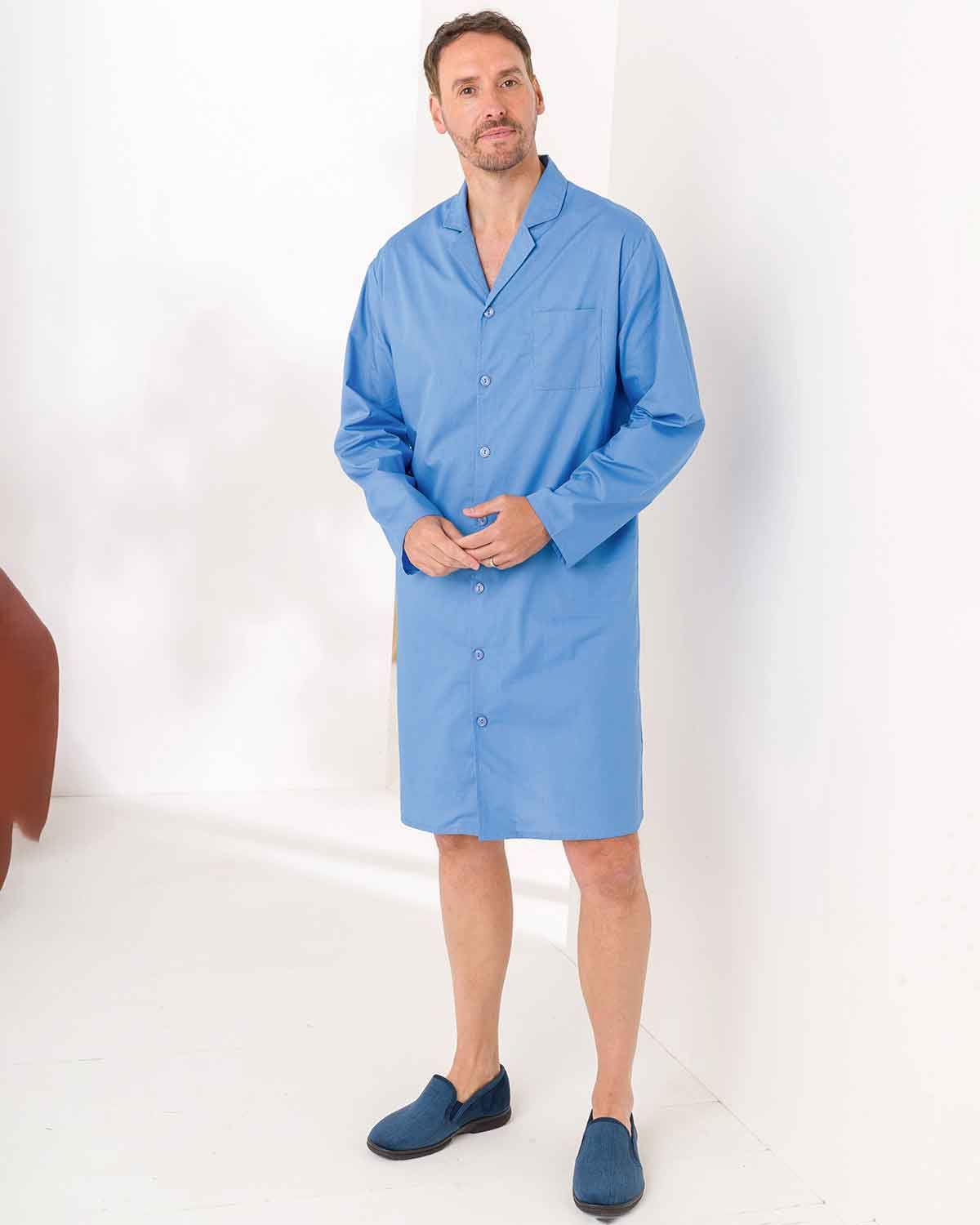 Mens Hugo Pure Cotton Long Sleeved Nightshirt - Mid Blue Poplin - Country Collection