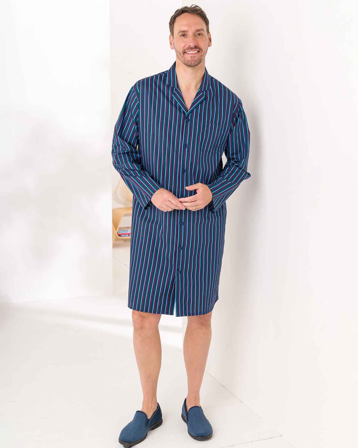 Mens Hugo Pure Cotton Long Sleeved Nightshirt - Multi Poplin - Country Collection