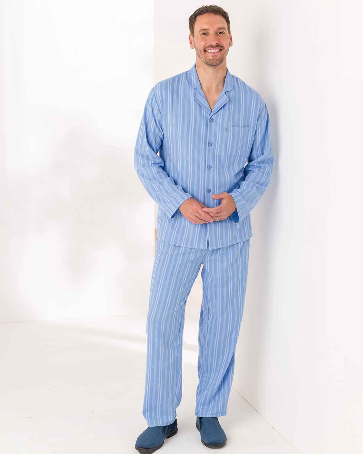 Mens Hugo Pure Cotton Long Sleeved Pyjama - Blue Flannel - Country Collection