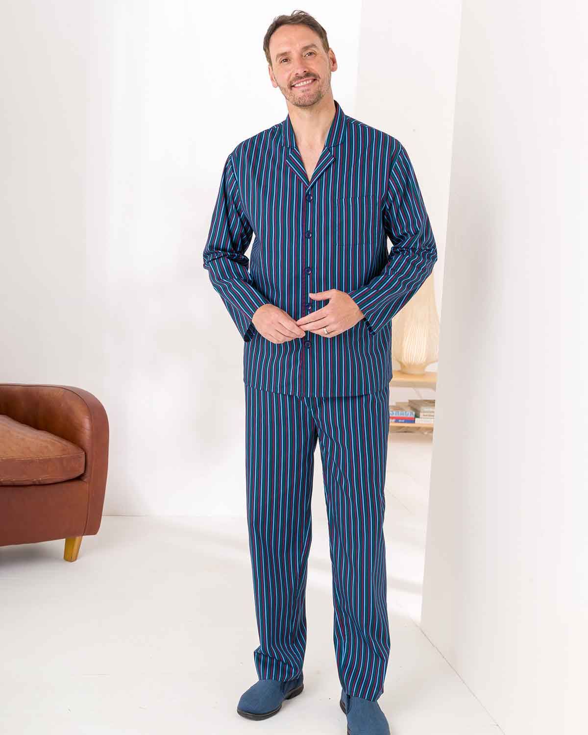 Mens Hugo Pure Cotton Long Sleeved Pyjama - Multi Poplin - Country Collection