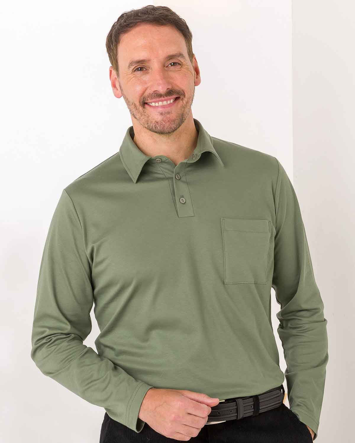 Mens Pure Cotton Long Sleeve Polo Top - Olive - Country Collection