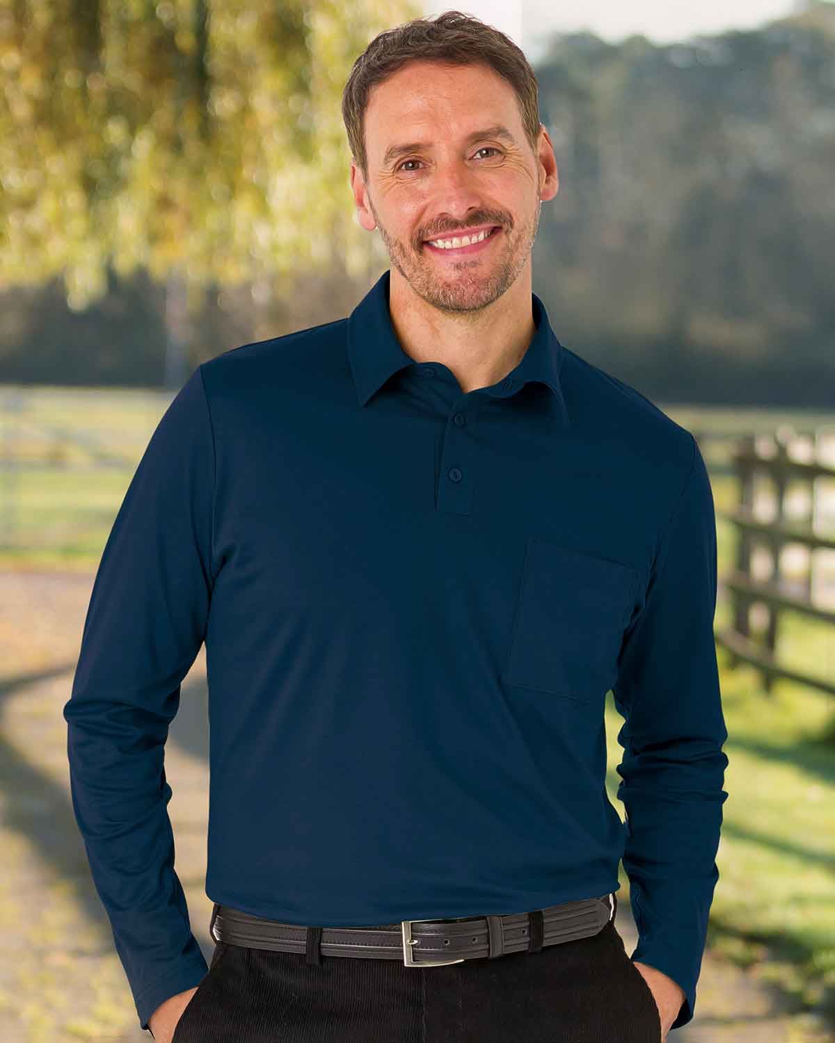 Mens Pure Cotton Long Sleeve Polo Top - Navy - Country Collection