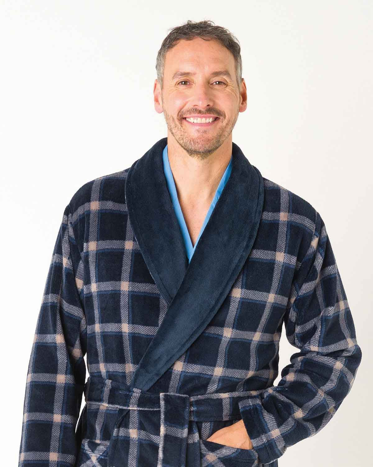 Mens Joe Slenderella Checked Fleece Dressing Gown - Image 2 - Country Collection