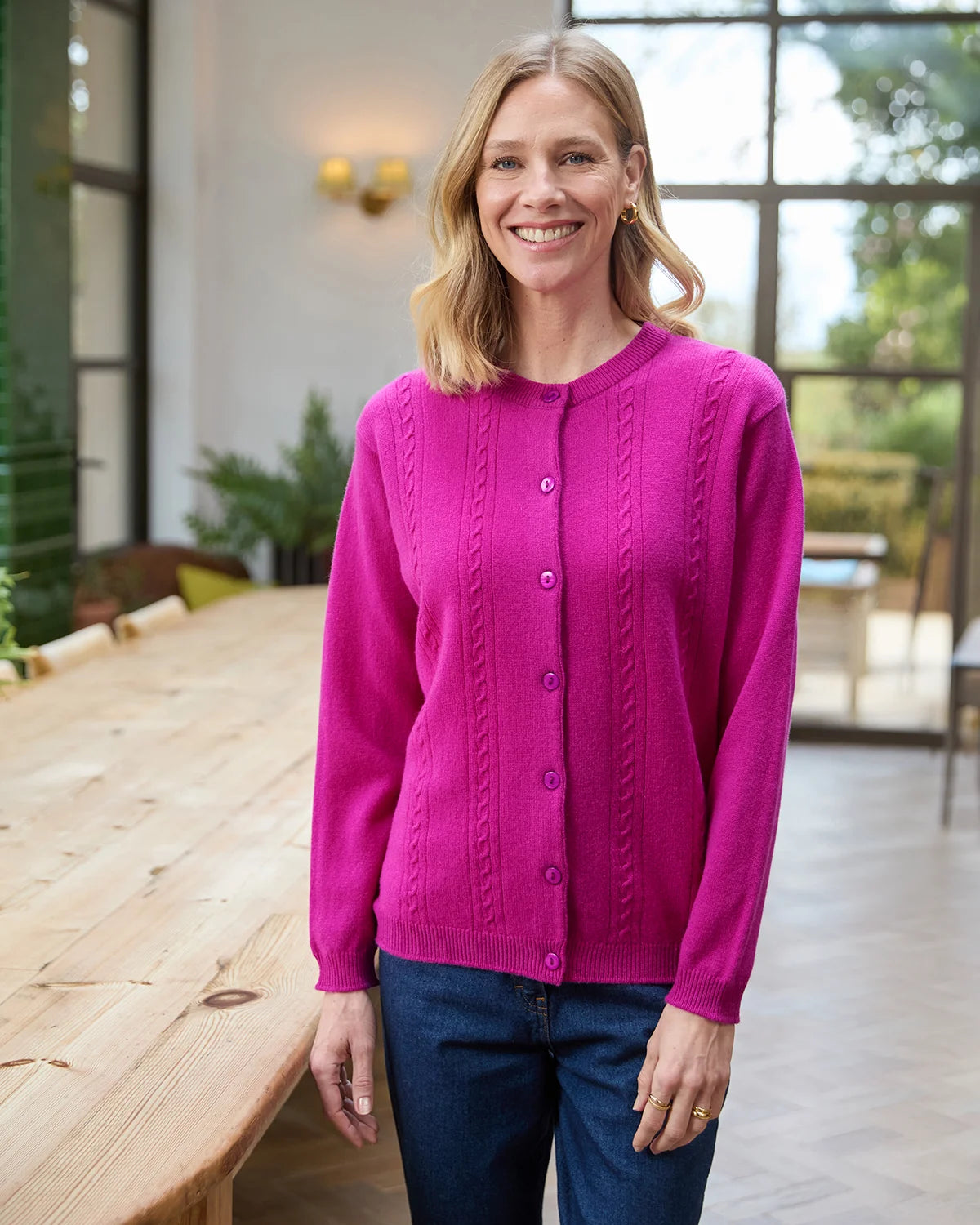 Lambswool Cable Cardigan - Magenta