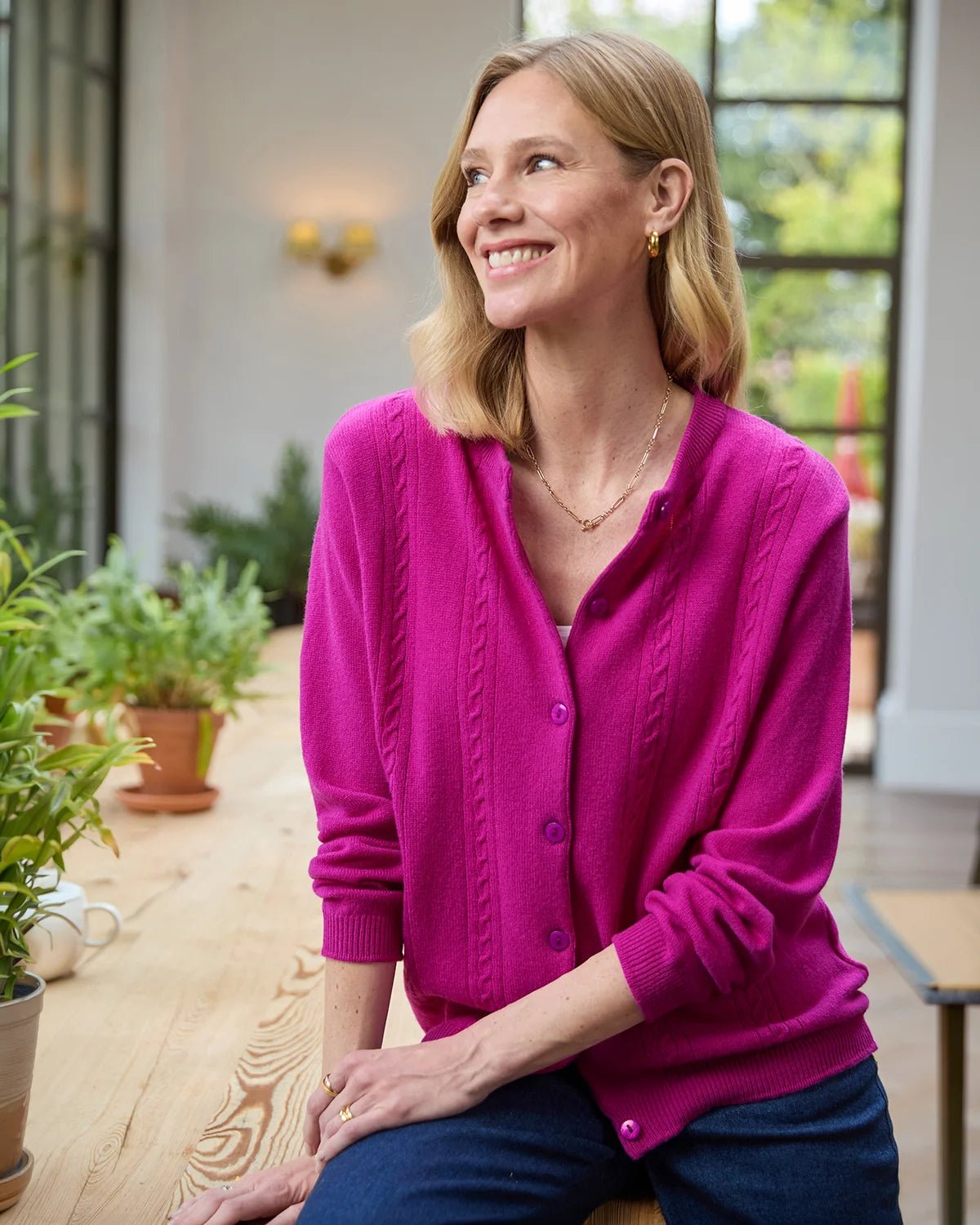 Lambswool Cable Cardigan - Magenta