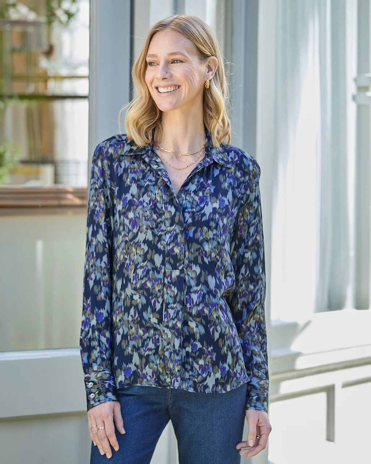 Marina Patterned ViscoseLong Sleeve Blouse