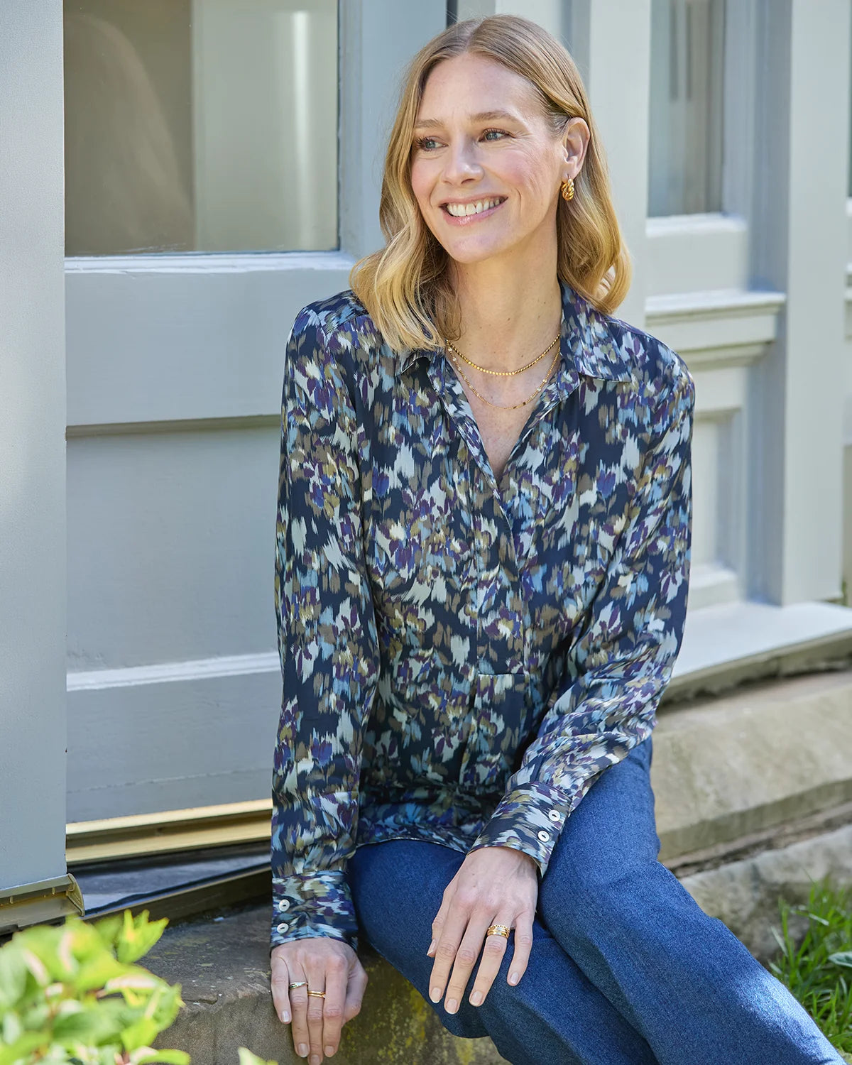 Marina Patterned ViscoseLong Sleeve Blouse