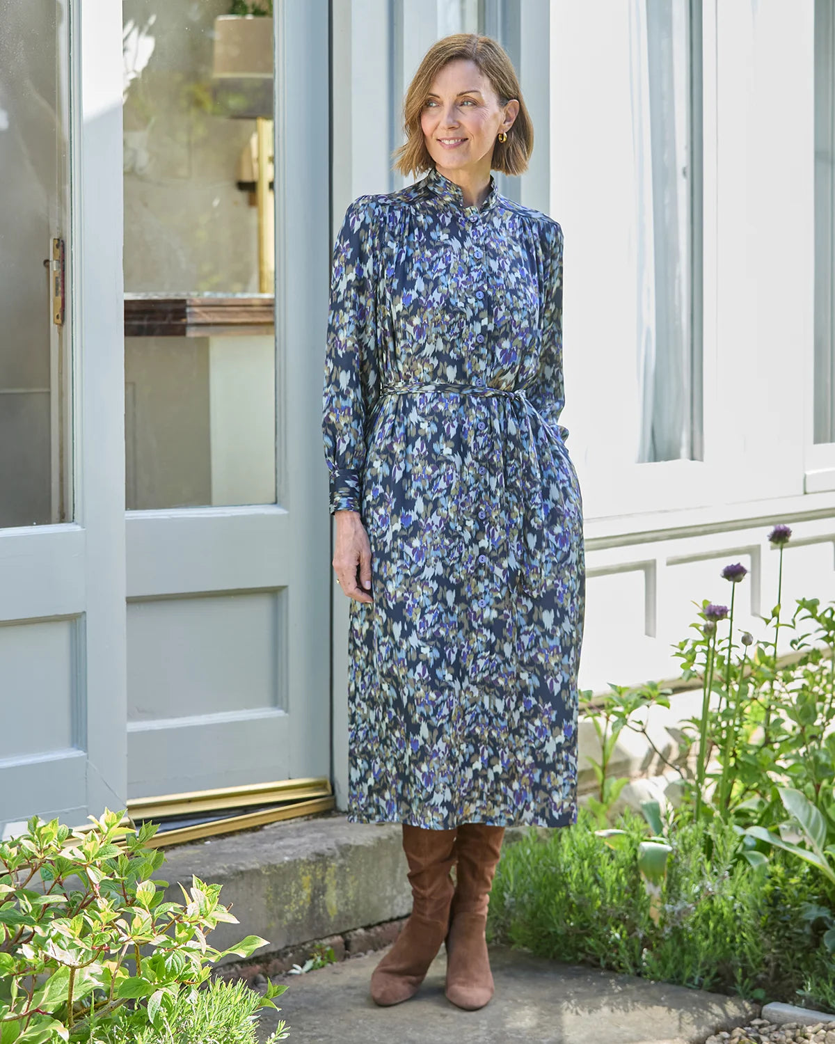 Marina Patterned Viscose Long Sleeve Shirt Dress