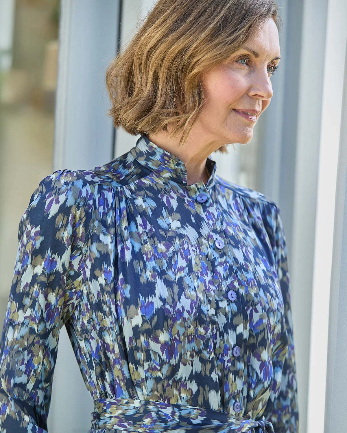 Marina Patterned Viscose Long Sleeve Shirt Dress