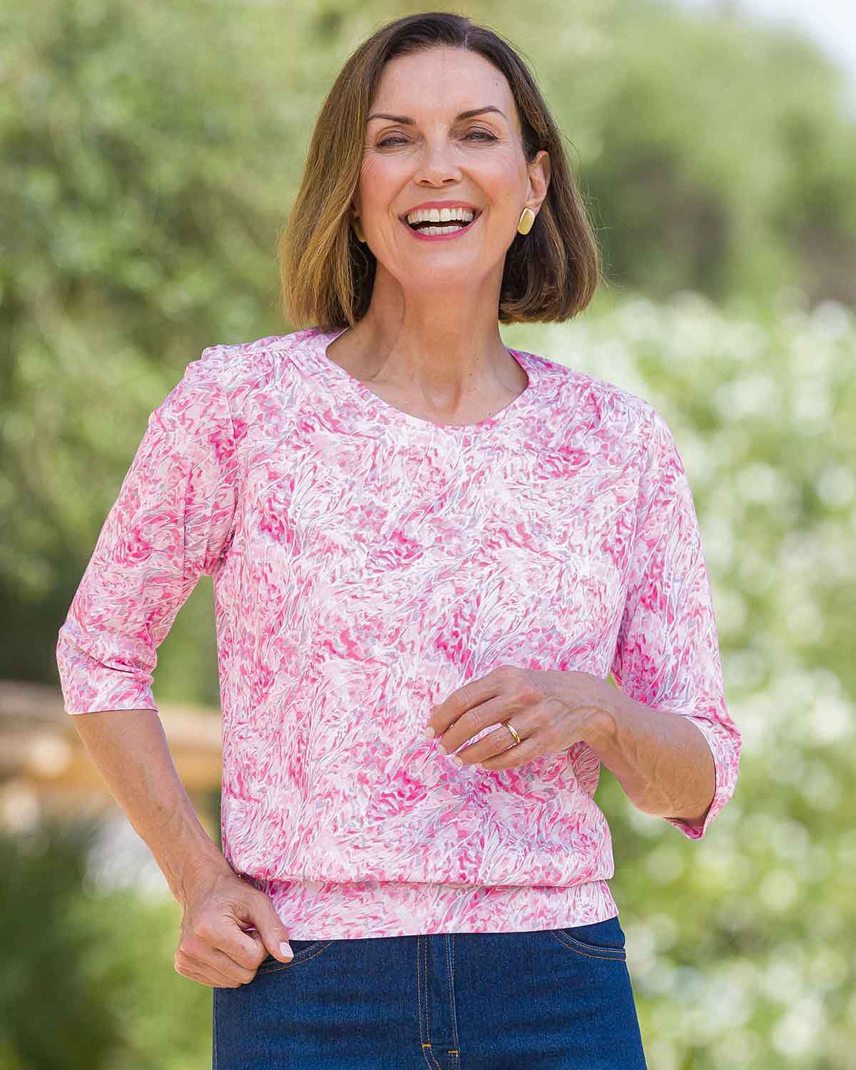 Nell Patterned Pure Cotton 3/4 Sleeve Blouson Top - Image 2 - Country Collection