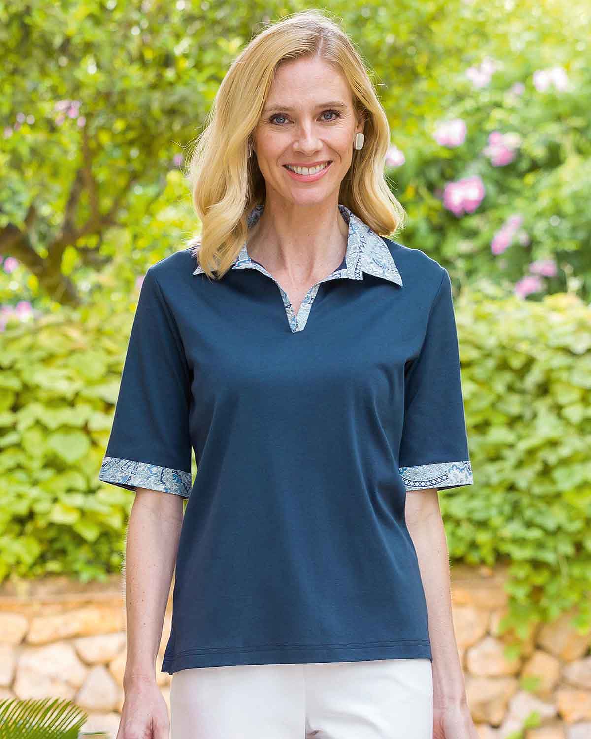 Eloise Trimmed Short Sleeve Cotton Polo Top - Image 2 - Country Collection