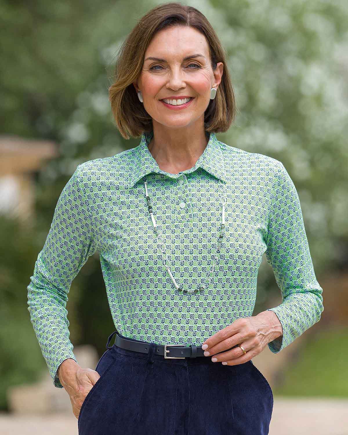Olive Patterned Cotton Long Sleeve Polo Top - Country Collection