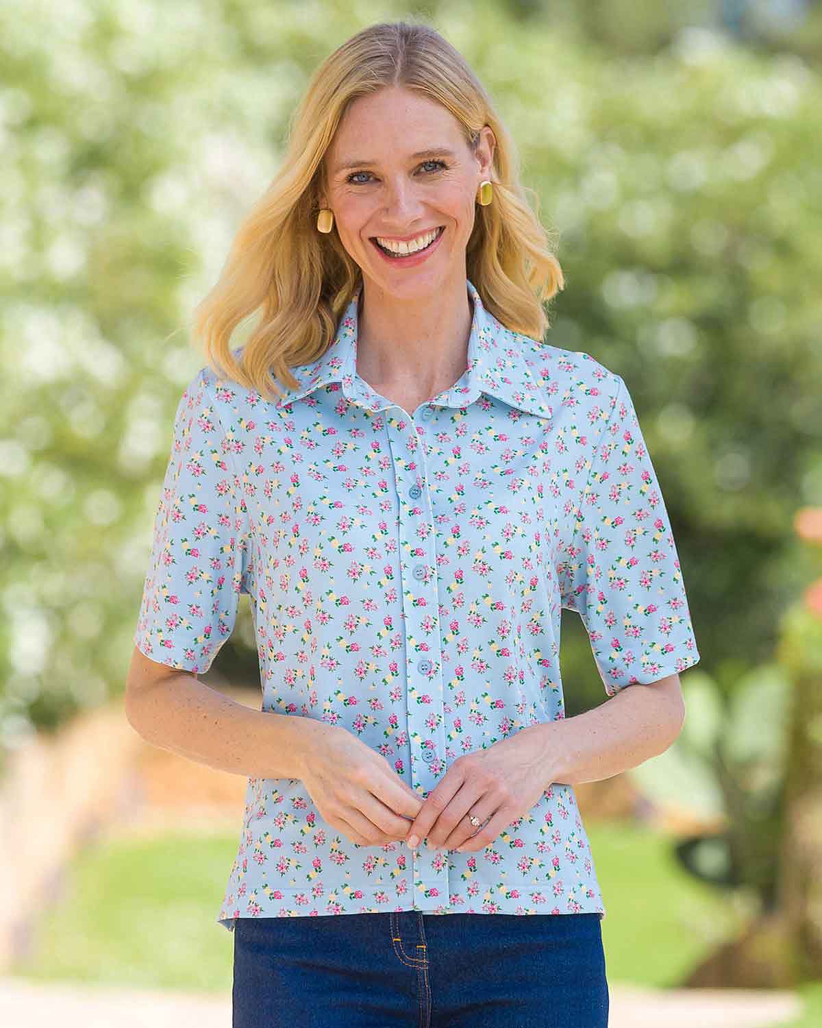 Una Floral Polyester Short Sleeve Blouse - Country Collection