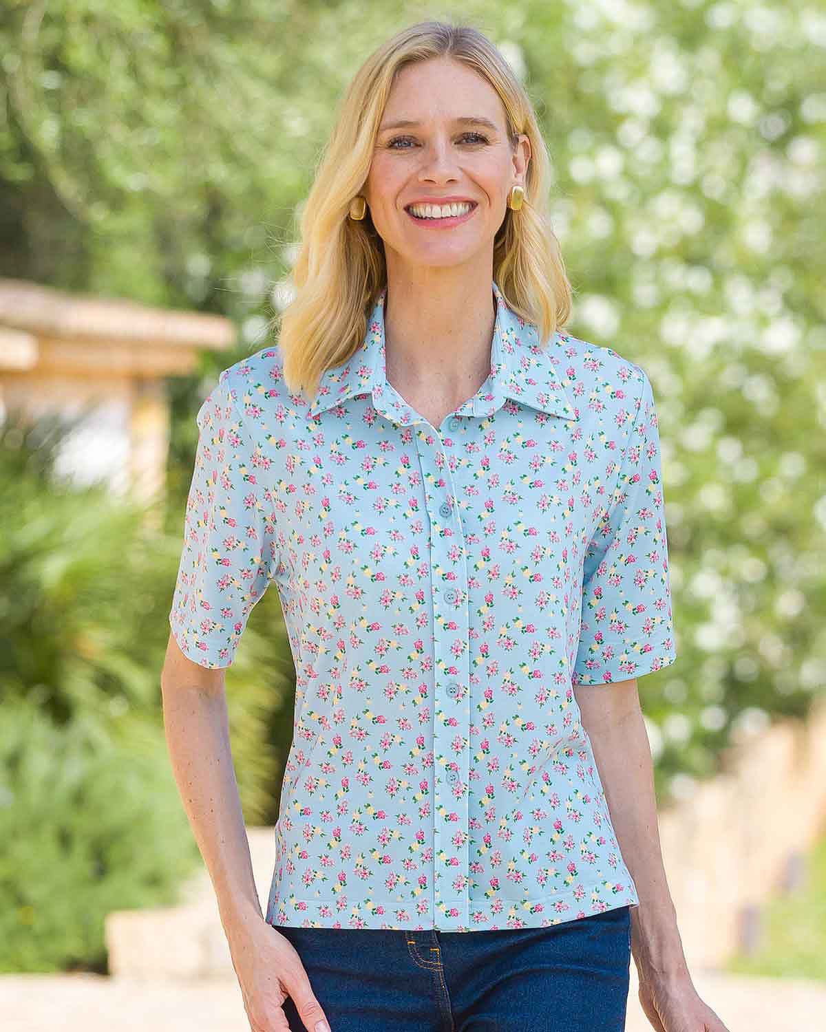 Una Floral Polyester Short Sleeve Blouse - Image 2 - Country Collection