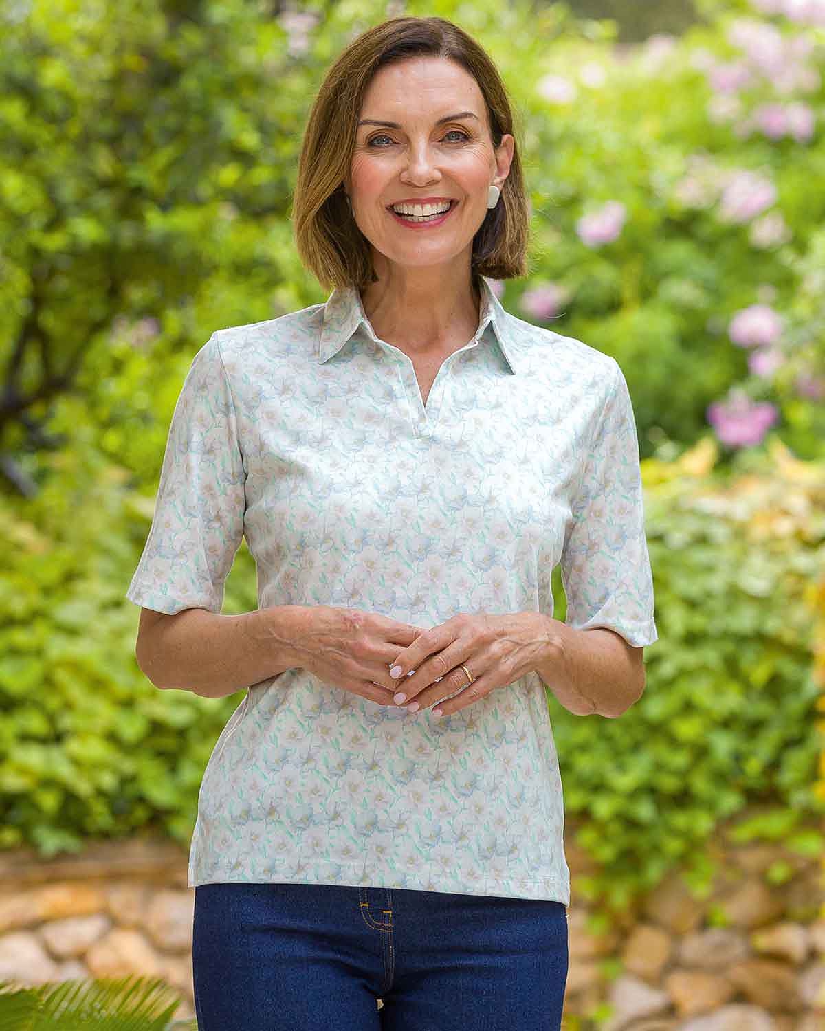 Beatrix Floral Cotton Short Sleeved Polo Top - Country Collection
