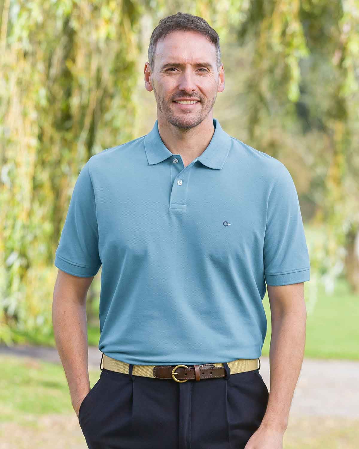 men's Short Sleeve Cornflower Blue Cotton Polo - Image 2 - Country Collection