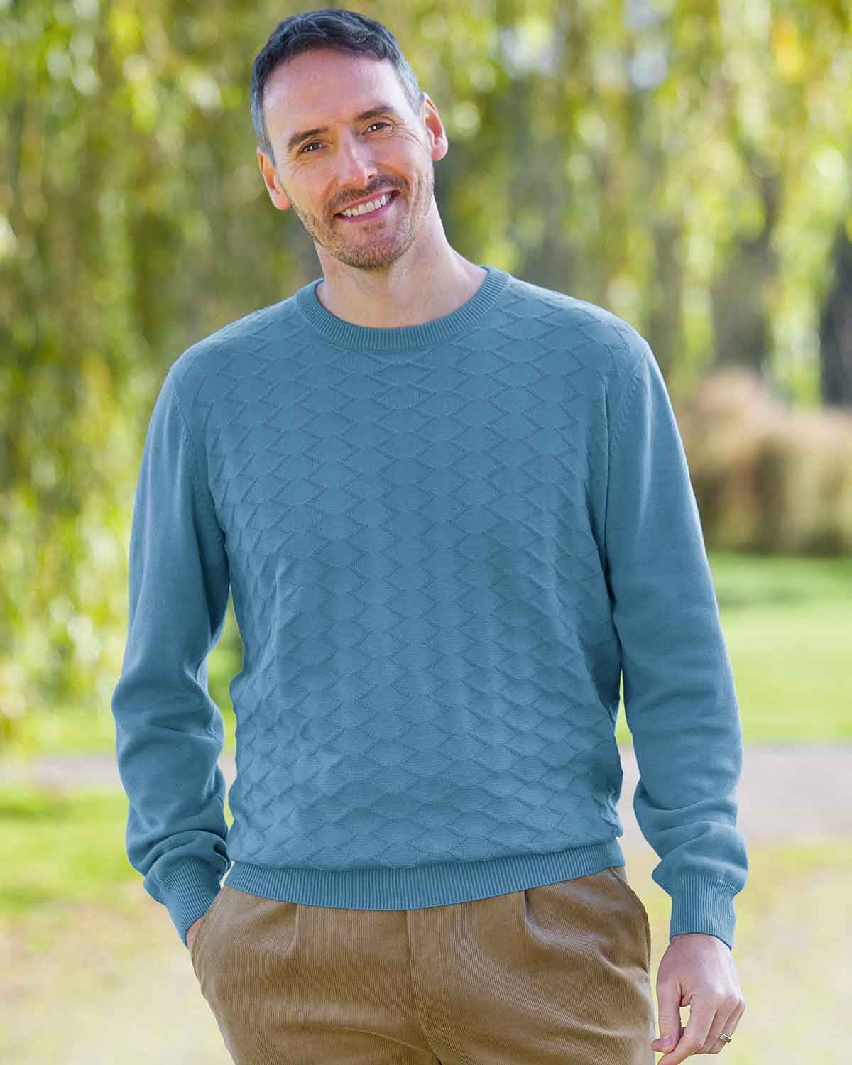 Men's Cotton Stitch Detail Teal Blue Jumper - Country Collection