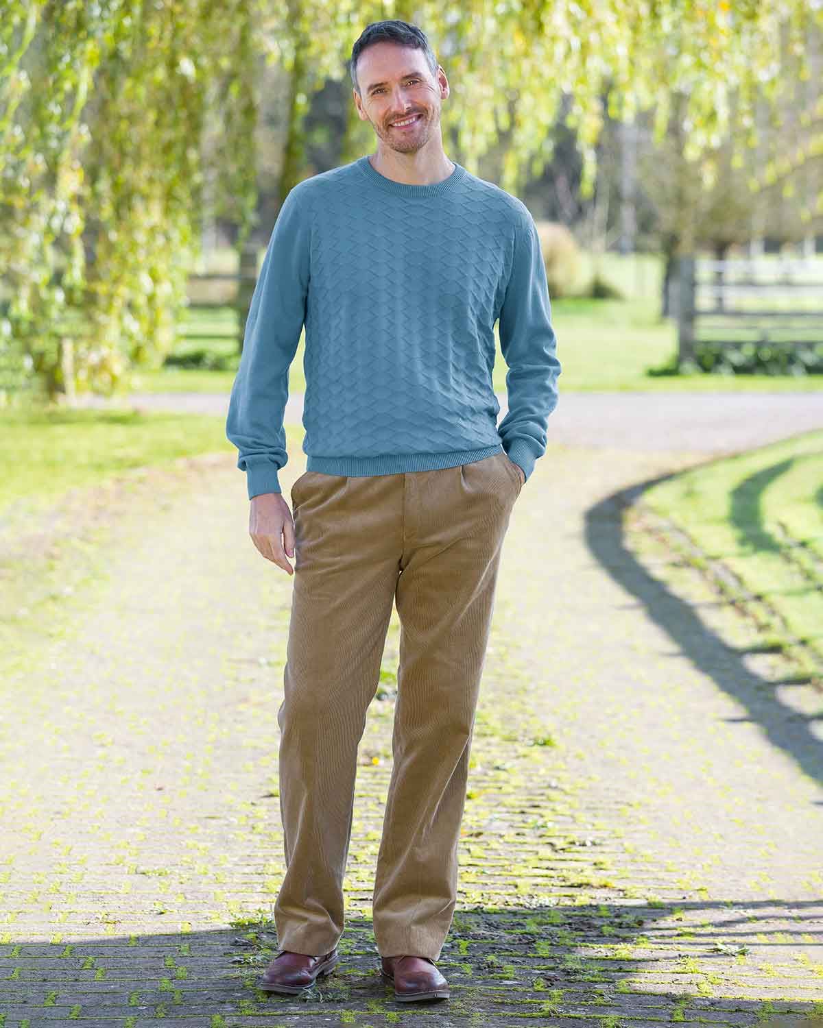 Men's Cotton Stitch Detail Teal Blue Jumper - Image 2 - Country Collection