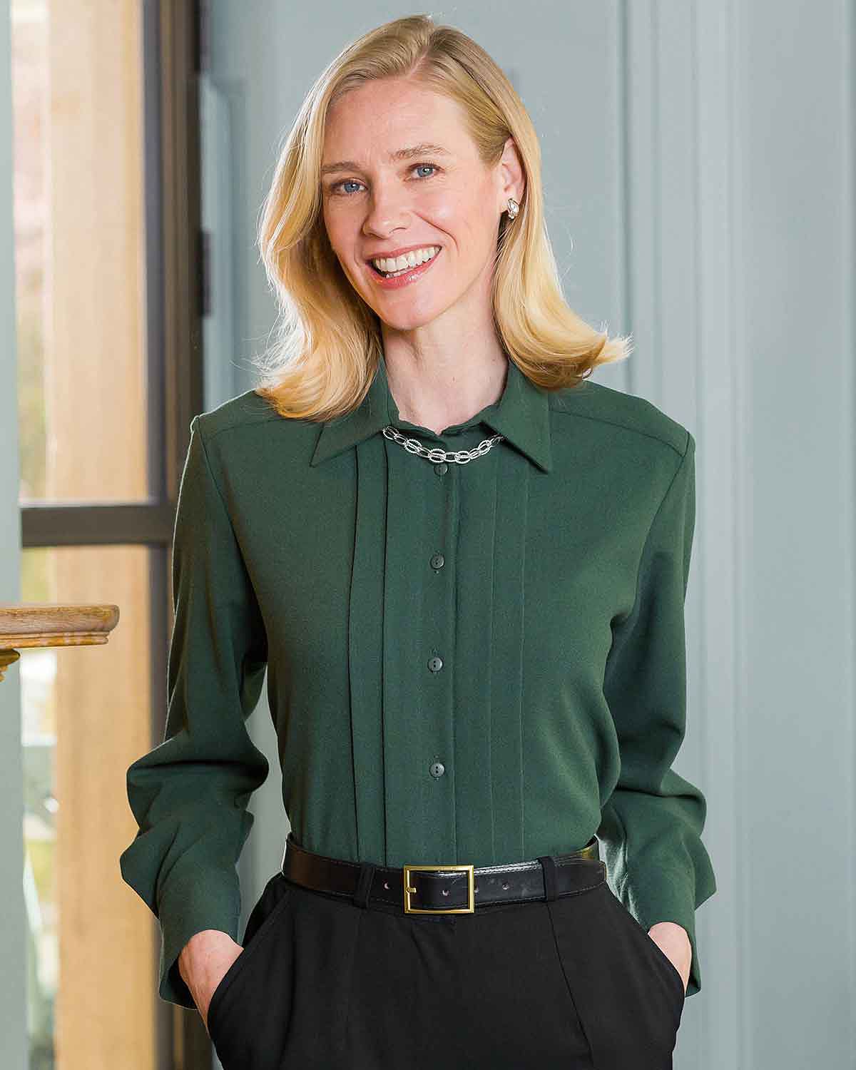 Maya Poly Mix Pintuck Long Sleeve Blouse - Green - Country Collection