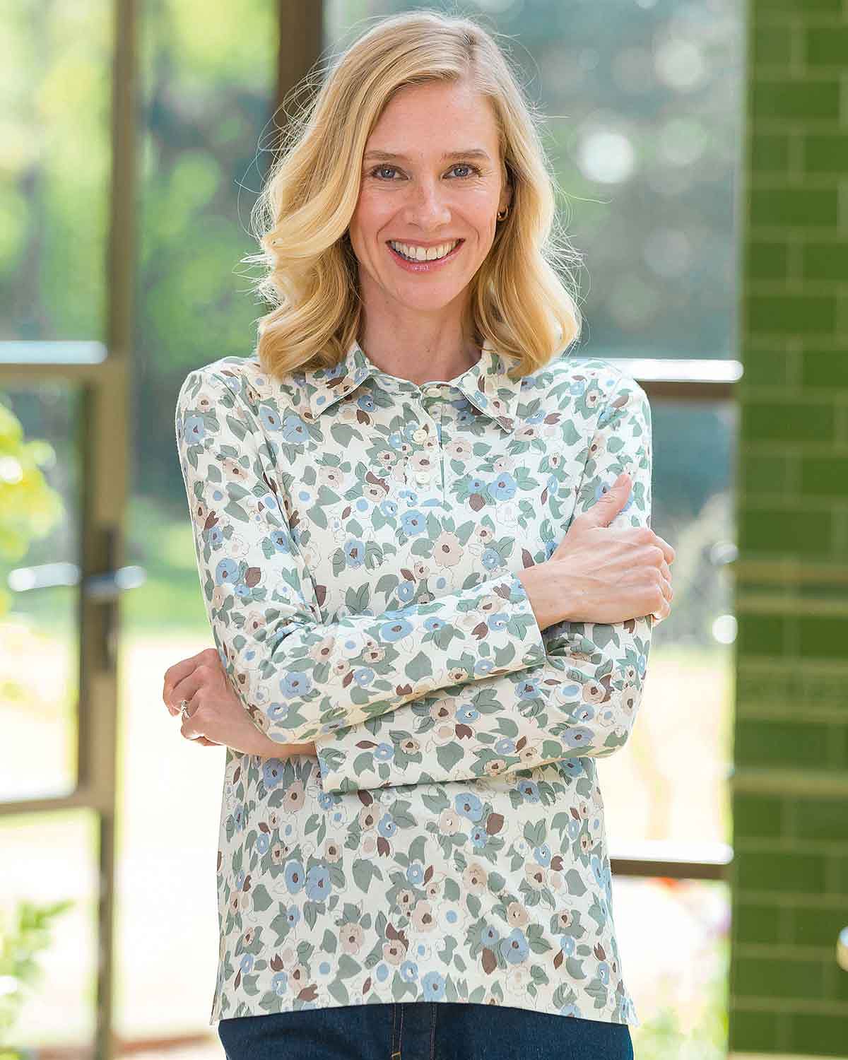 Amelie Floral Cotton Long Sleeved Polo Top - Country Collection