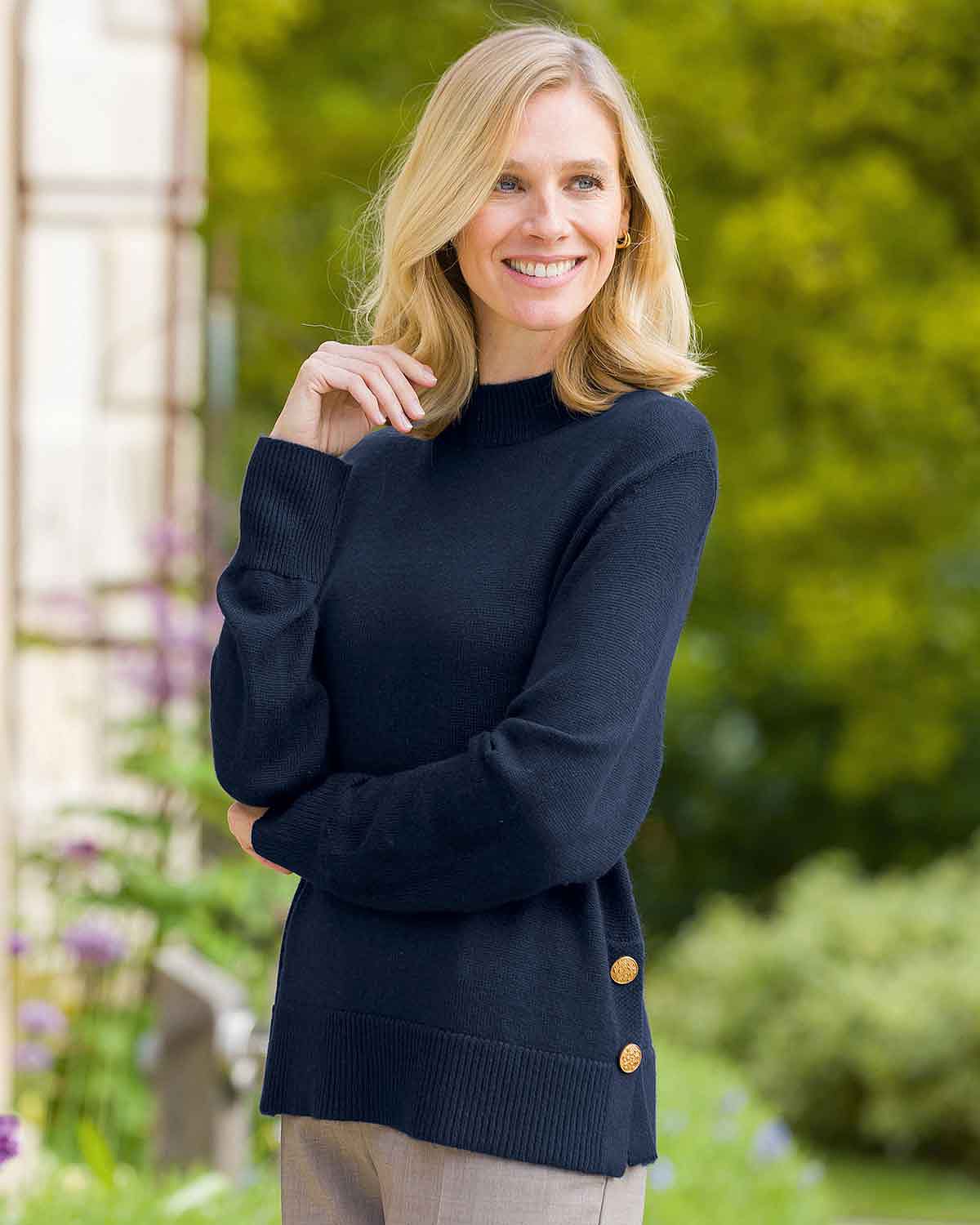 Ada Button Detail Turtle Neck Jumper - Navy - Country Collection