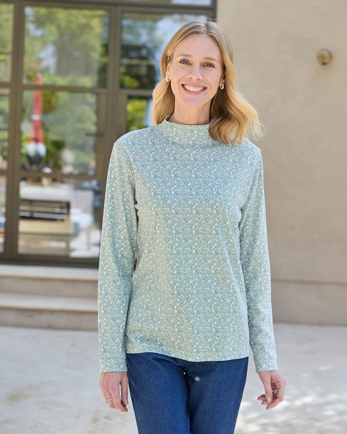 Printed Long Sleeved Cotton Turtle Neck Top - Natalie