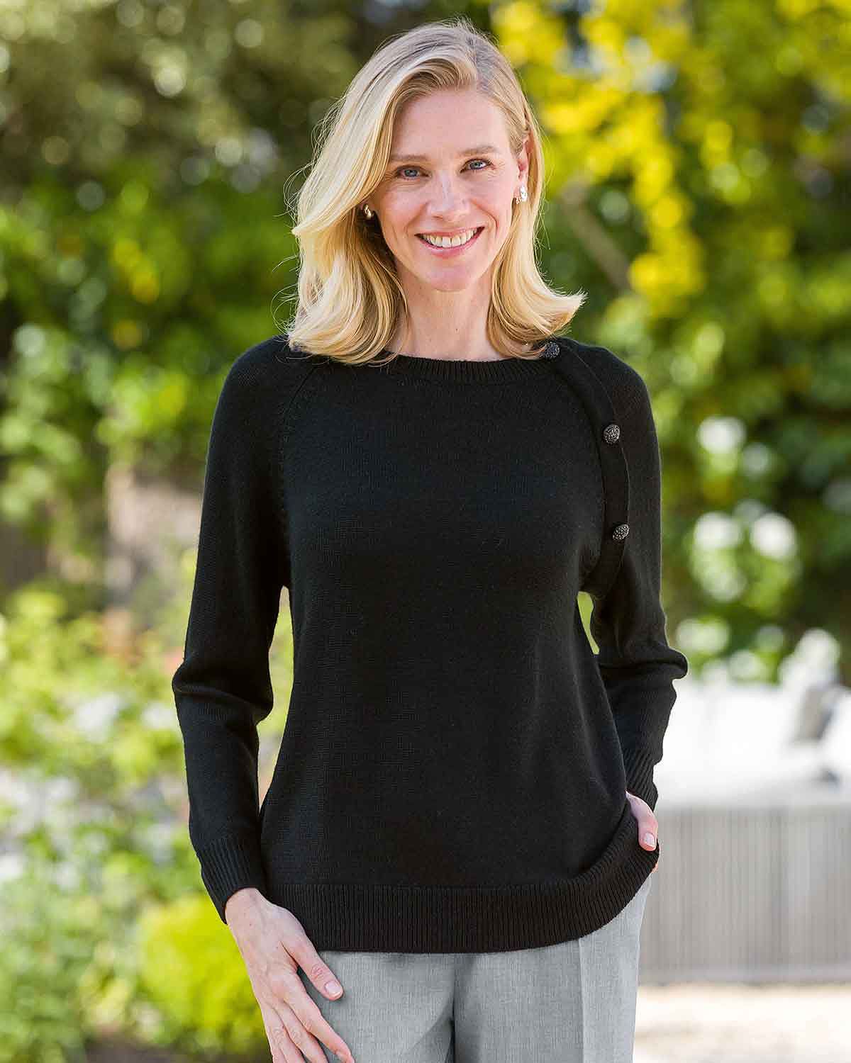 Maxine Button Detail Crew Neck Jumper - Black - Country Collection