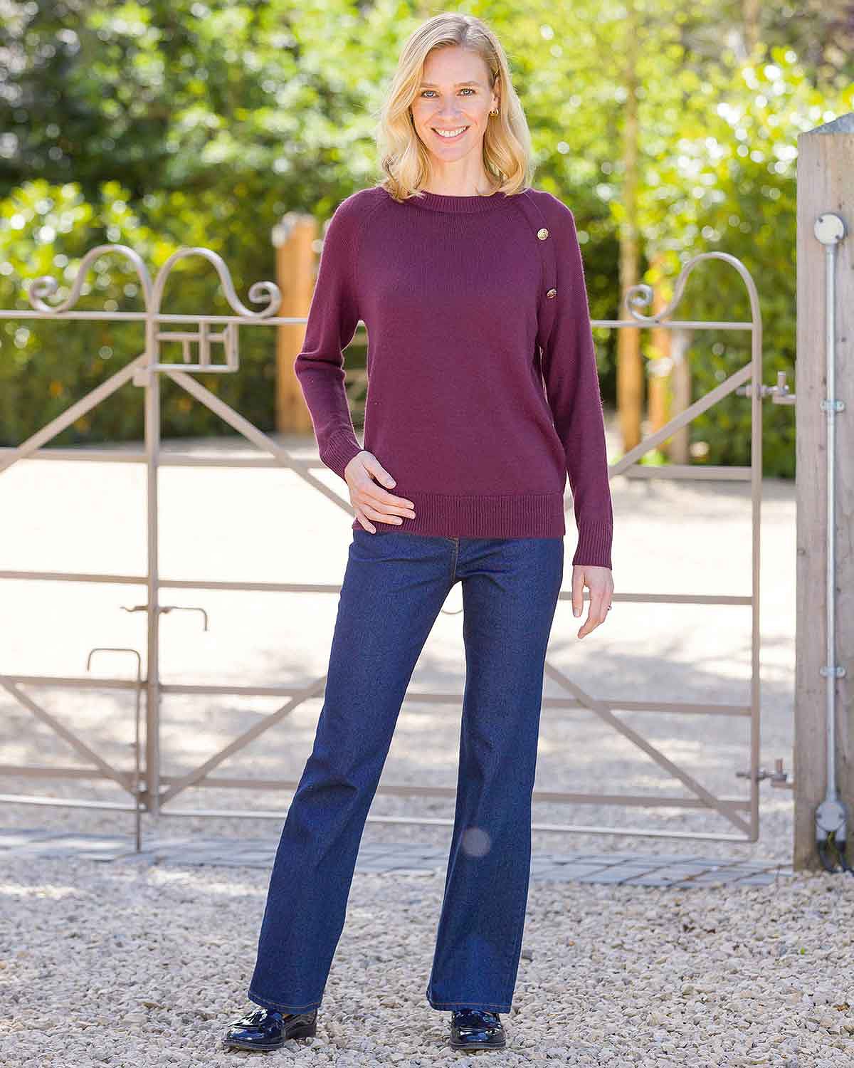 Maxine Plum Button Detail Crew Neck Jumper - Image 2 - Country Collection