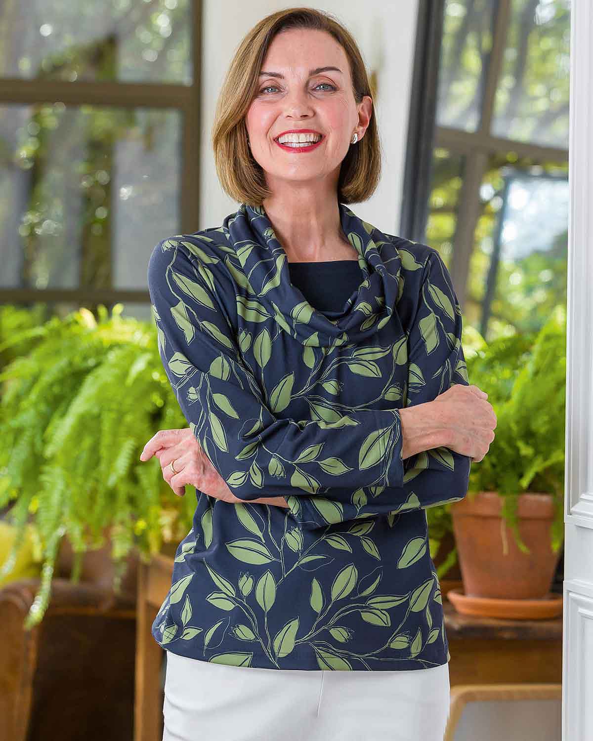 Maria Patterned Long Sleeve Cowl Neck Top - Country Collection
