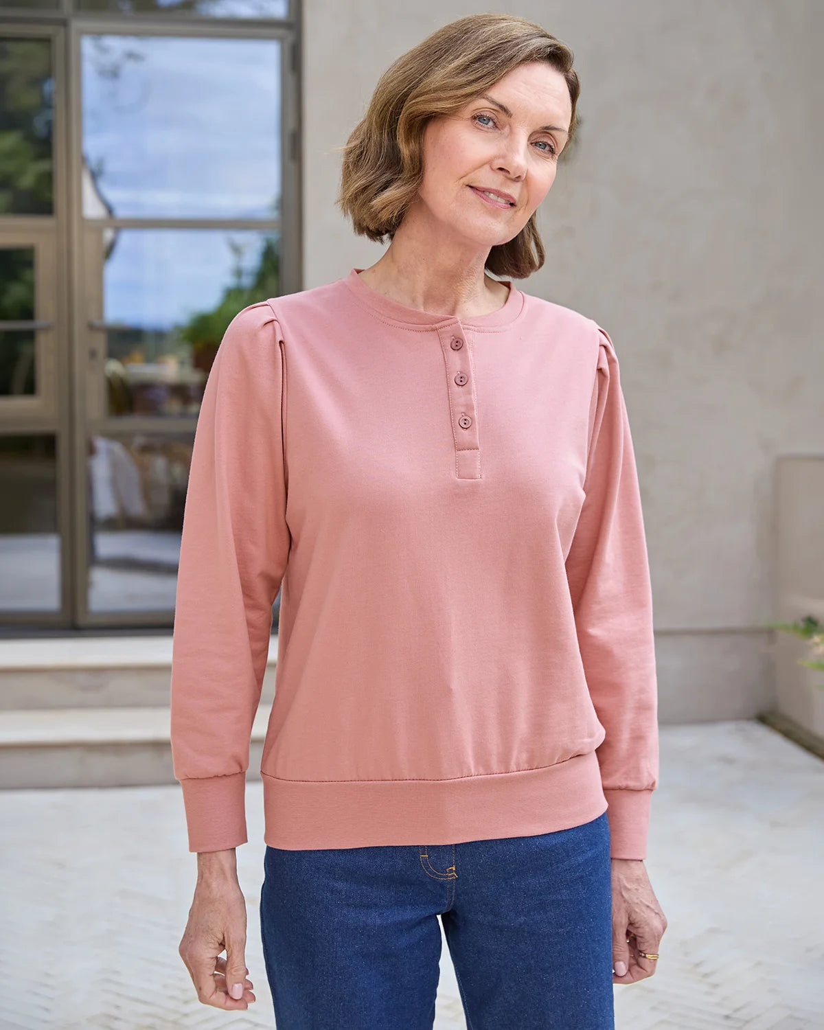 Primrose Pink Button Neck Leisure Sweatshirt