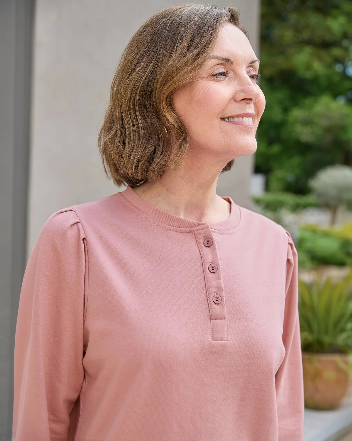 Primrose Pink Button Neck Leisure Sweatshirt