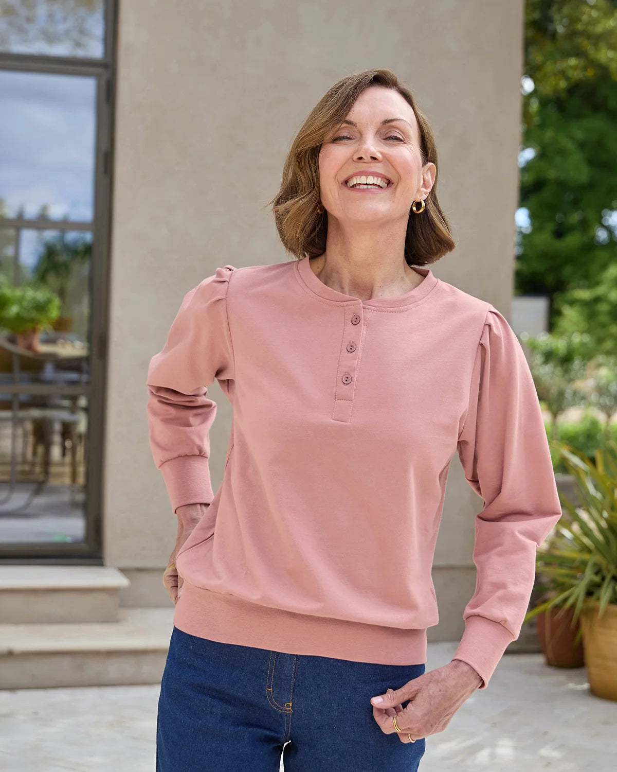 Primrose Pink Button Neck Leisure Sweatshirt