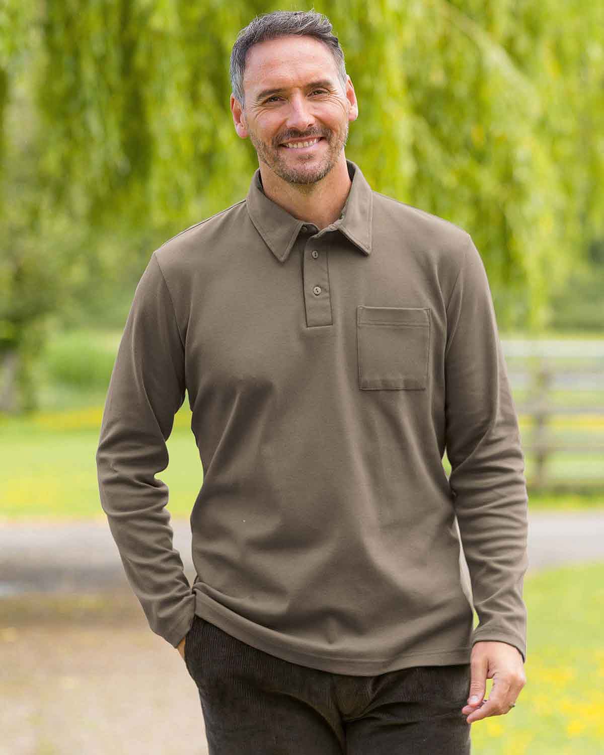 Pure Cotton Jersey Long Sleeved Polo Top - Bark - Country Collection