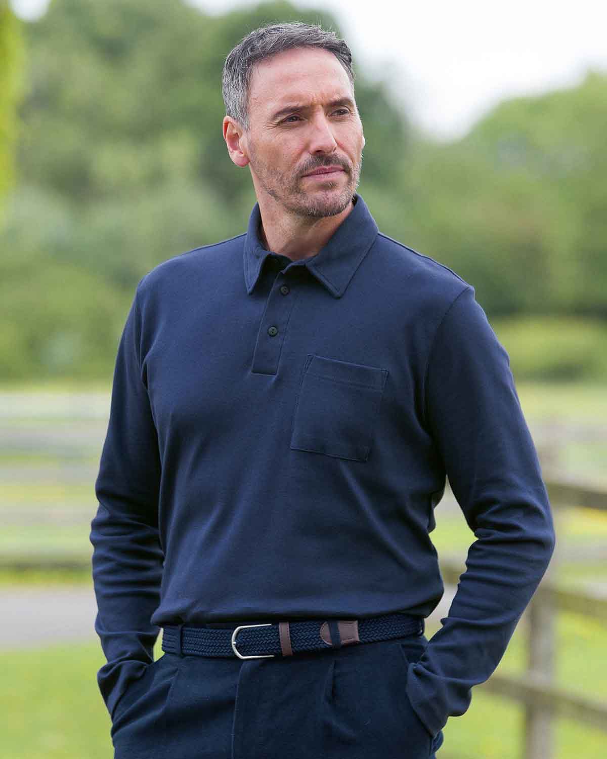 Pure Cotton Jersey Long Sleeved Polo Top - Navy - Country Collection