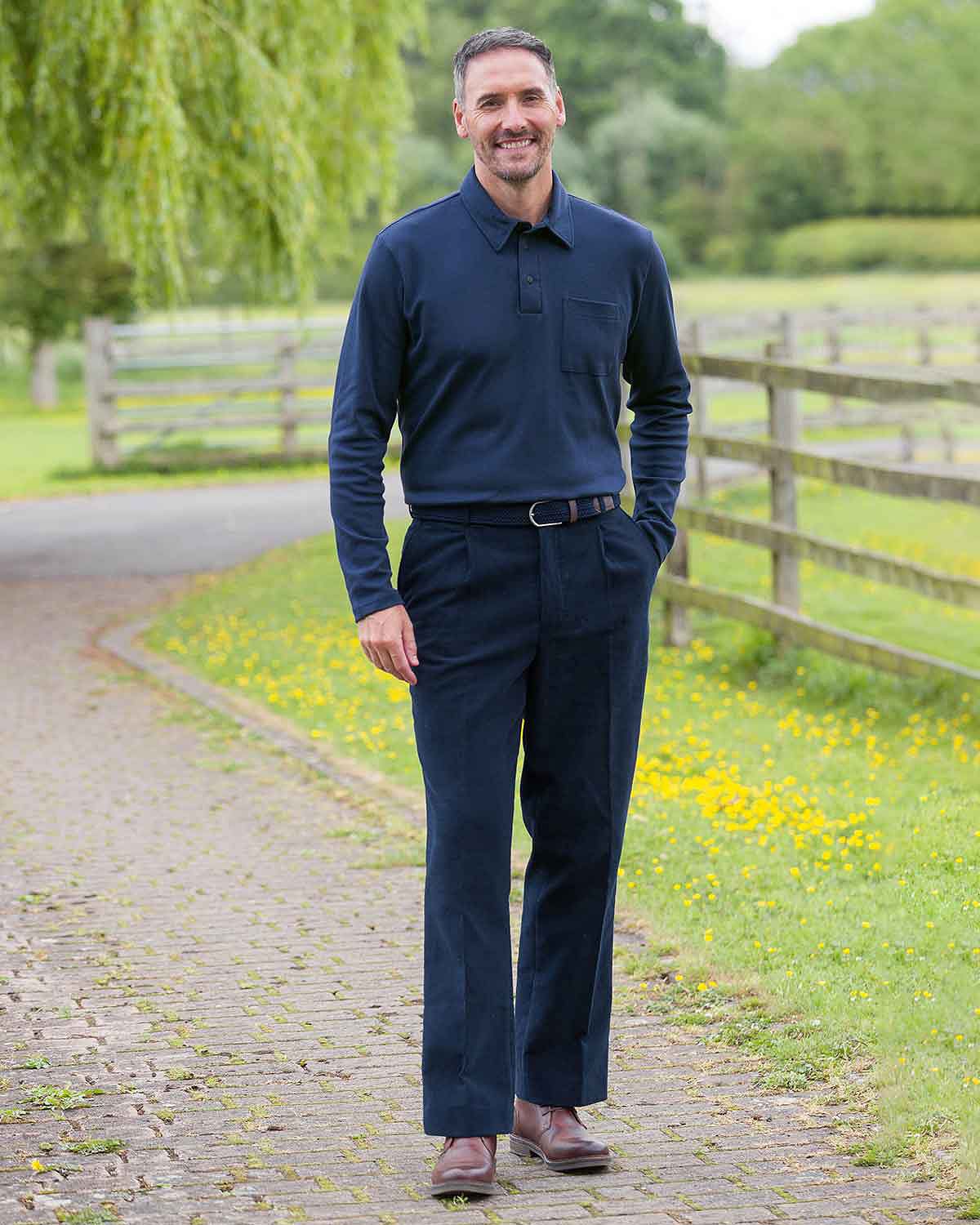 Pure Cotton Jersey Long Sleeved Navy Polo Top - Image 2 - Country Collection