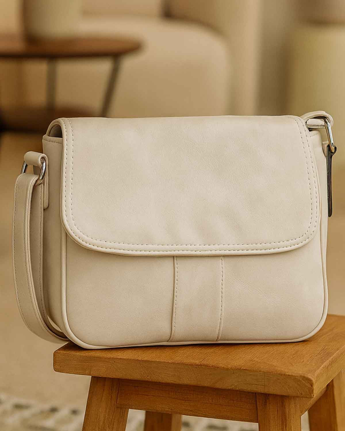 Nola Half Flap Soft Faux Leather Handbag - Cream - Country Collection